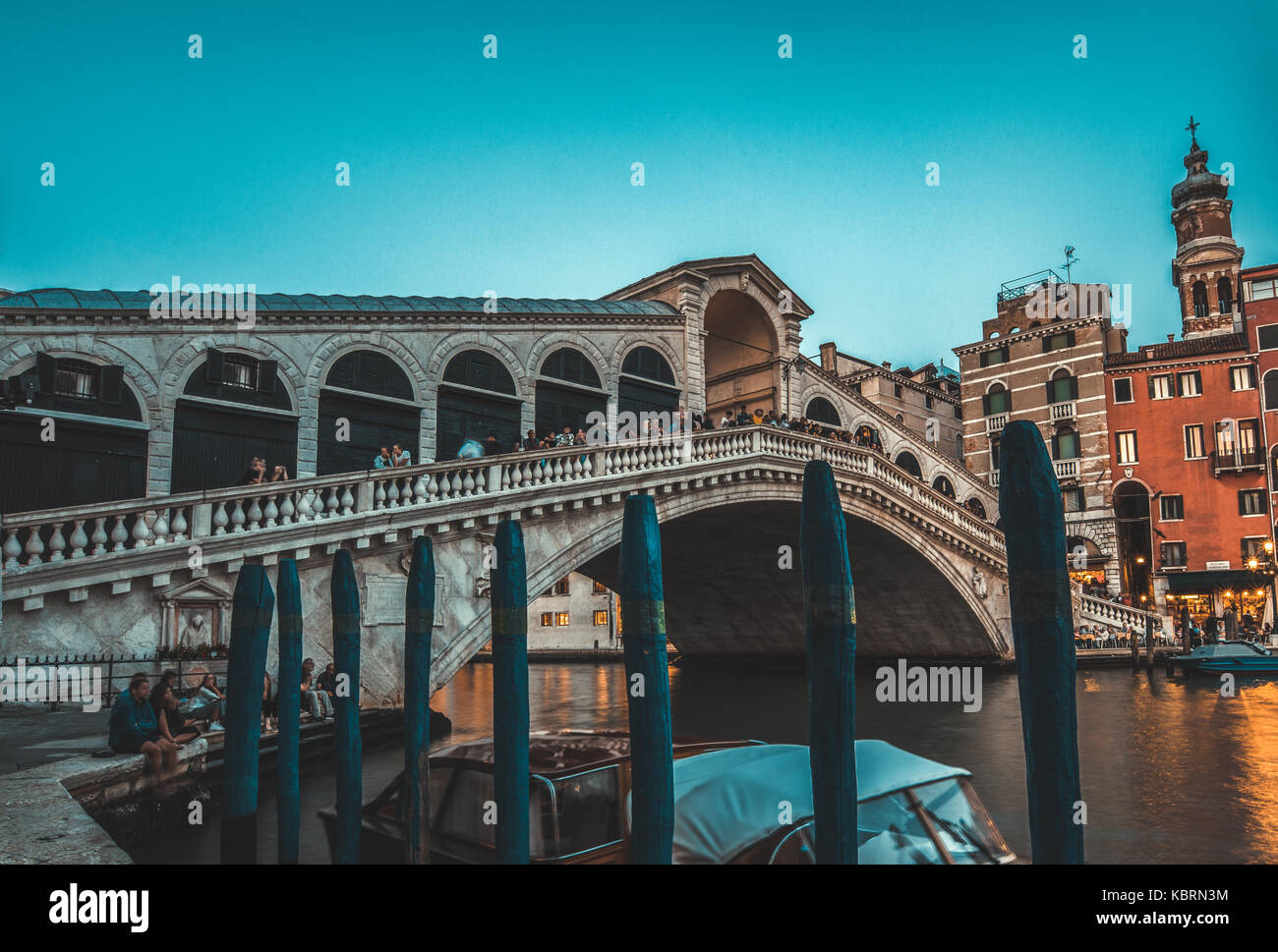 The Grand canal and Rialto bridge in Venice at night. Italy Stock Photo ...