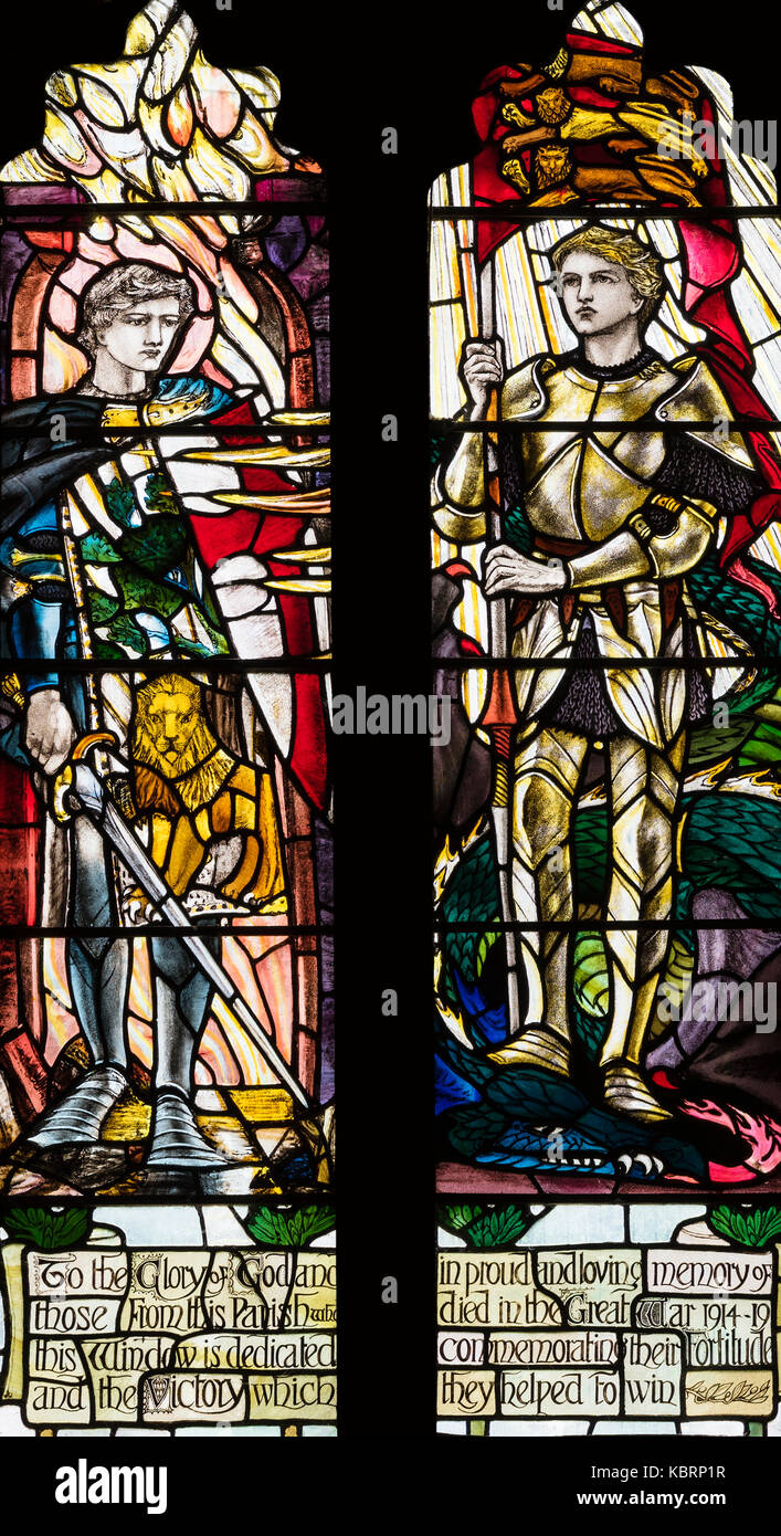 A  powerful 1914-18 commemorative window by Christopher Whall, St Mary's Church, Hornby, Yorkshire, United Kingdom Stock Photo