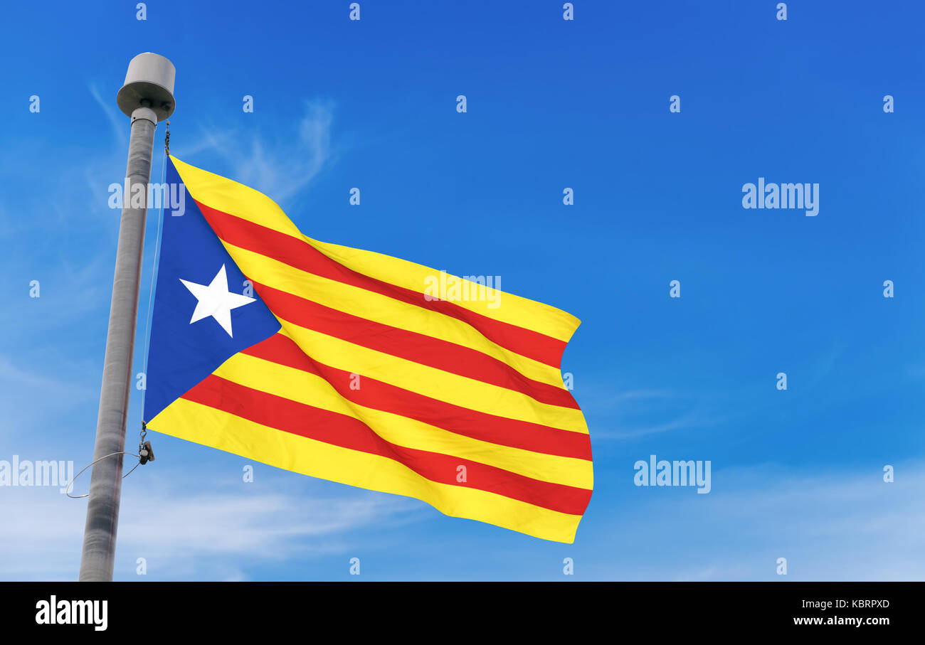Catalan Estelada Flag over blue sky background (3D rendered illustration) Stock Photo