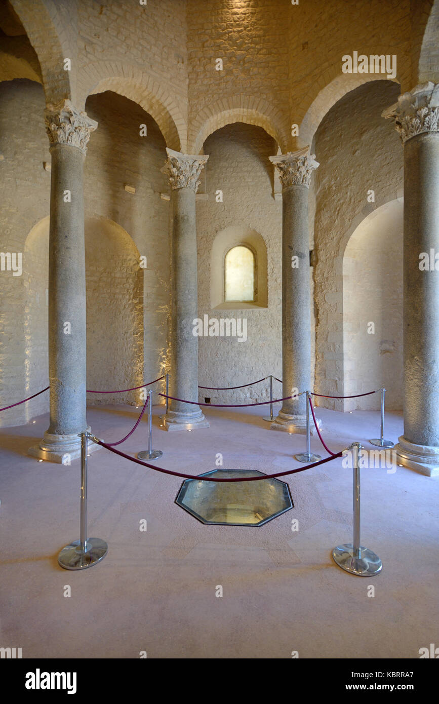 Antique Columns of the c5th Octagonal Baptistery, or Baptistry, one of the few surviving from Christian Gaul, Riez or Riez-la-Romaine Provence France Stock Photo