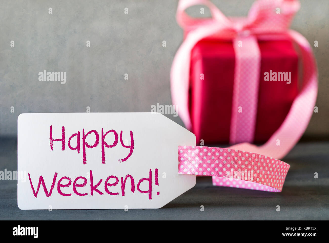 Pink gift label text happy weekend stock photo alamy