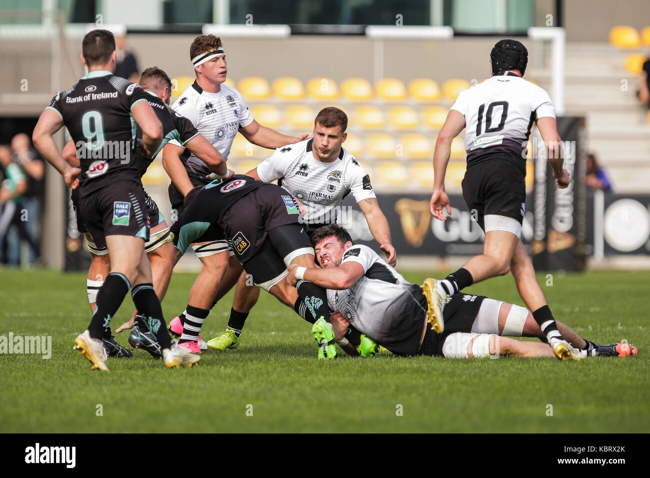 Parma, Italy. 30th September 2017. Zebre's second row George Biagi tackles hard in the match against Ulster in Guinness PRO14 rugby championship. Massimiliano Carnabuci/Alamy Live News Stock Photo