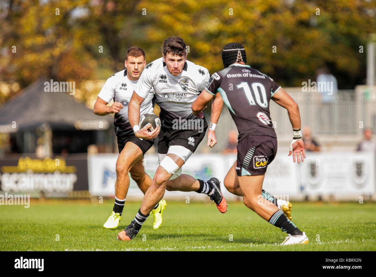 Parma, Italy. 30th September 2017. Zebre's second row George Biagi carries the ball against Ulster in Guinness PRO14 rugby championship. Massimiliano Carnabuci/Alamy Live News Stock Photo