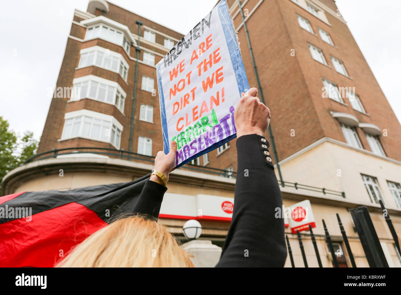 London, UK. 30th Sept, 2017. Cleaners at HR Owen's Ferrari and Maserati dealerships in South Kensington have just voted 100% in favour of strike action. Having finally decided enough was enough the cleaners joined UVW and asked for a wage increase from £7.50 per hour to the London Living Wage of £9.75 per hour. However, both Templewood and HR Owen have denied responsibility for setting the cleaners' rate of pay. Penelope Barritt/Alamy Live News Stock Photo