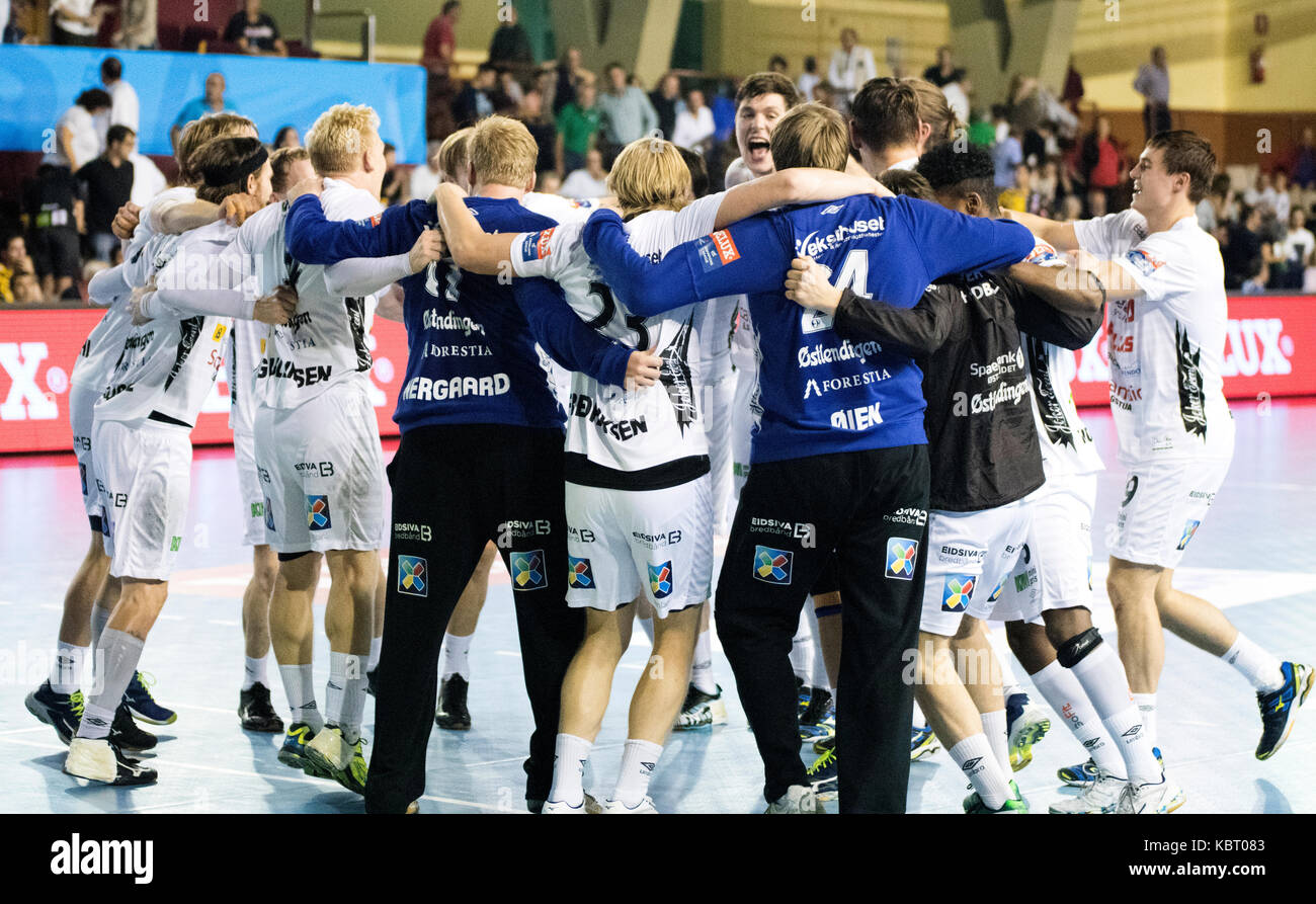 Leon, Spain. 30th September, 2017. Players of Elverum Handball during the  handball match of 2017/2018 EHF Champions League group stage between CB  Ademar Leon and Elverum Handball at Sports Center on September