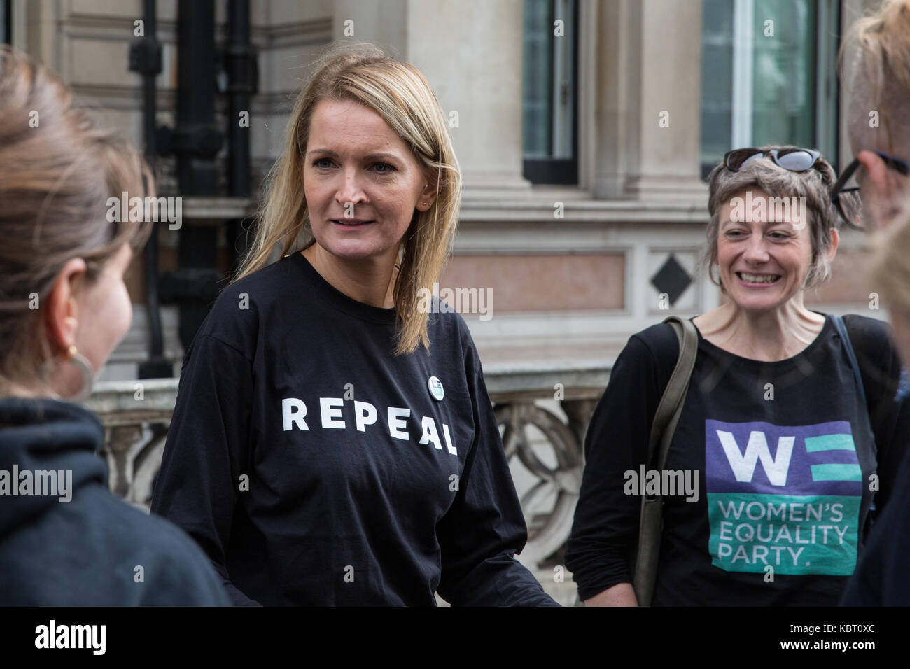 London, UK. 30th September, 2017. Sophie Walker, Leader of the Women's Equality Party, joins campaigners from the London-Irish Abortion Rights Campaign rallying outside the Irish Embassy in solidarity with the 205,704 Irish and Northern Irish women who have travelled to Great Britain for an abortion since the 8th Amendment in 1983 and to demand legislative change in Ireland to guarantee choice. The event was also held in solidarity with the Abortion Rights Campaign's 6th Annual March for Choice in Dublin. Stock Photo