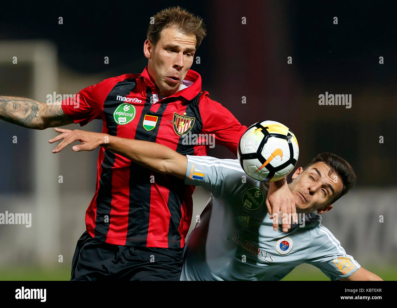 Budapest, Hungary. 30th Sep, 2017.  Ivan Lovric (L) of Budapest Honved battles for the ball with Balint Gaal (R) of Vasas FC during the Hungarian OTP Bank Liga match between Budapest Honved and Vasas FC at Bozsik Stadium on September 30, 2017 in Budapest, Hungary. Credit: Laszlo Szirtesi/Alamy Live News Stock Photo