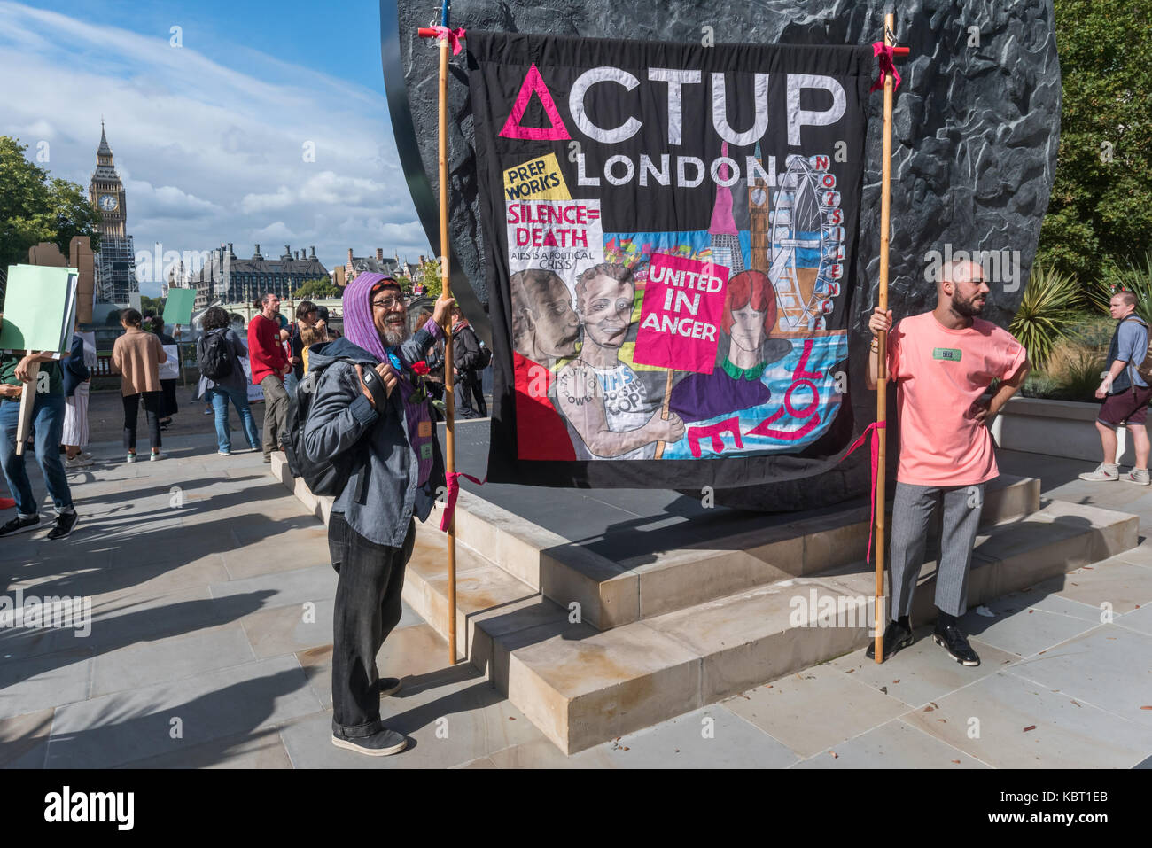 London, UK. 30th September, 2017. ActUp London was one of many groups protesting at St Thomas' Hospital to call for an end to immigration checks and charging of migrants for NHS services. The Migrants Welcome bloc, Maternity Care bloc and Sisters bloc met opposite the hospital and marched onto the area around the memorial to Jamaican -born Crimean War nurse Mary Seacole for a rally at which a number of testimonies of those who have suffered from these policies were read out. Credit: Peter Marshall/Alamy Live News Stock Photo