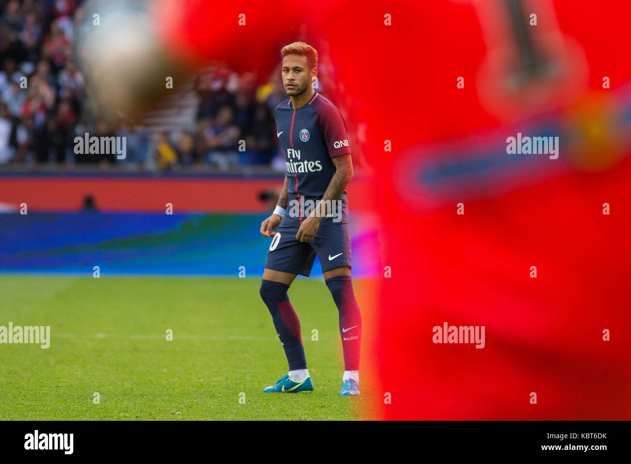 Neymar Jr. during the French Ligue 1 soccer match between Paris Saint Germain (PSG) and Bordeaux at Parc des Princes. The match was won 6-2 by Paris Saint Germain. Stock Photo
