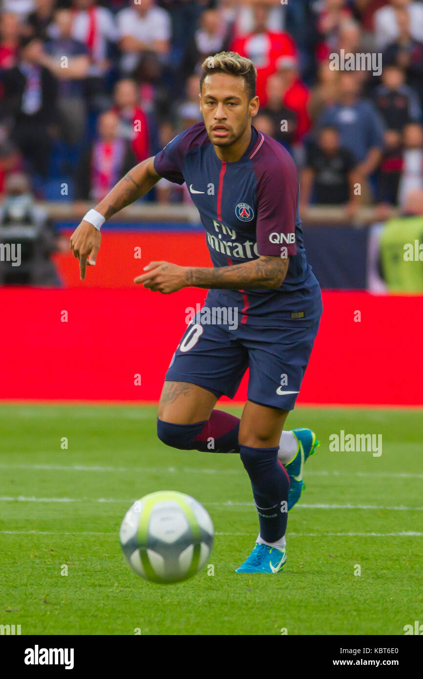 Neymar Jr. in action during the French Ligue 1 soccer match between Paris Saint Germain (PSG) and Bordeaux at Parc des Princes. The match was won 6-2 by Paris Saint Germain. Stock Photo