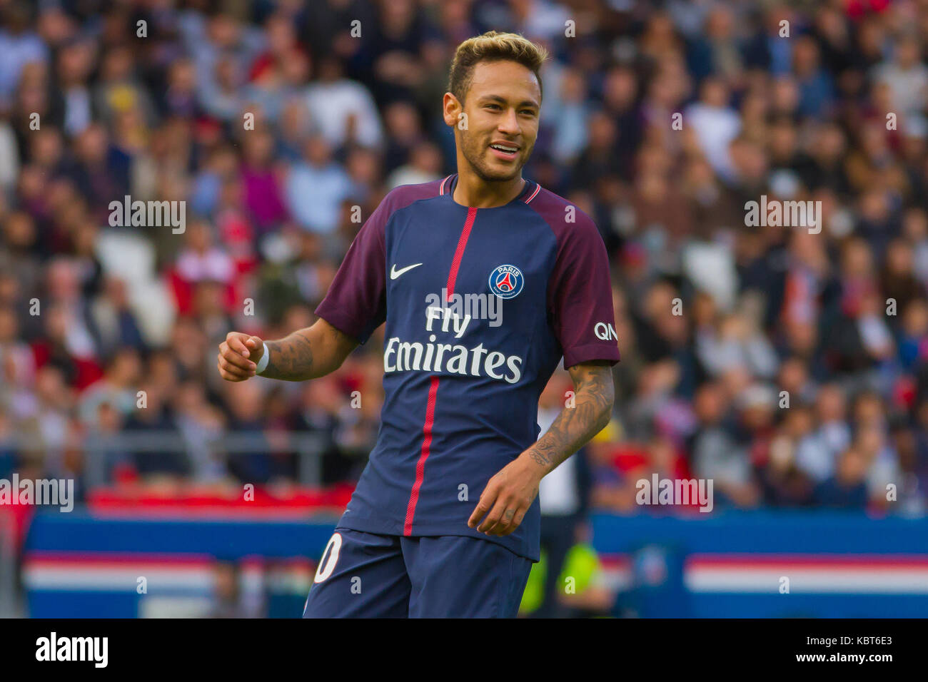 Neymar Jr. during the French Ligue 1 soccer match between Paris Saint Germain (PSG) and Bordeaux at Parc des Princes. The match was won 6-2 by Paris Saint Germain. Stock Photo