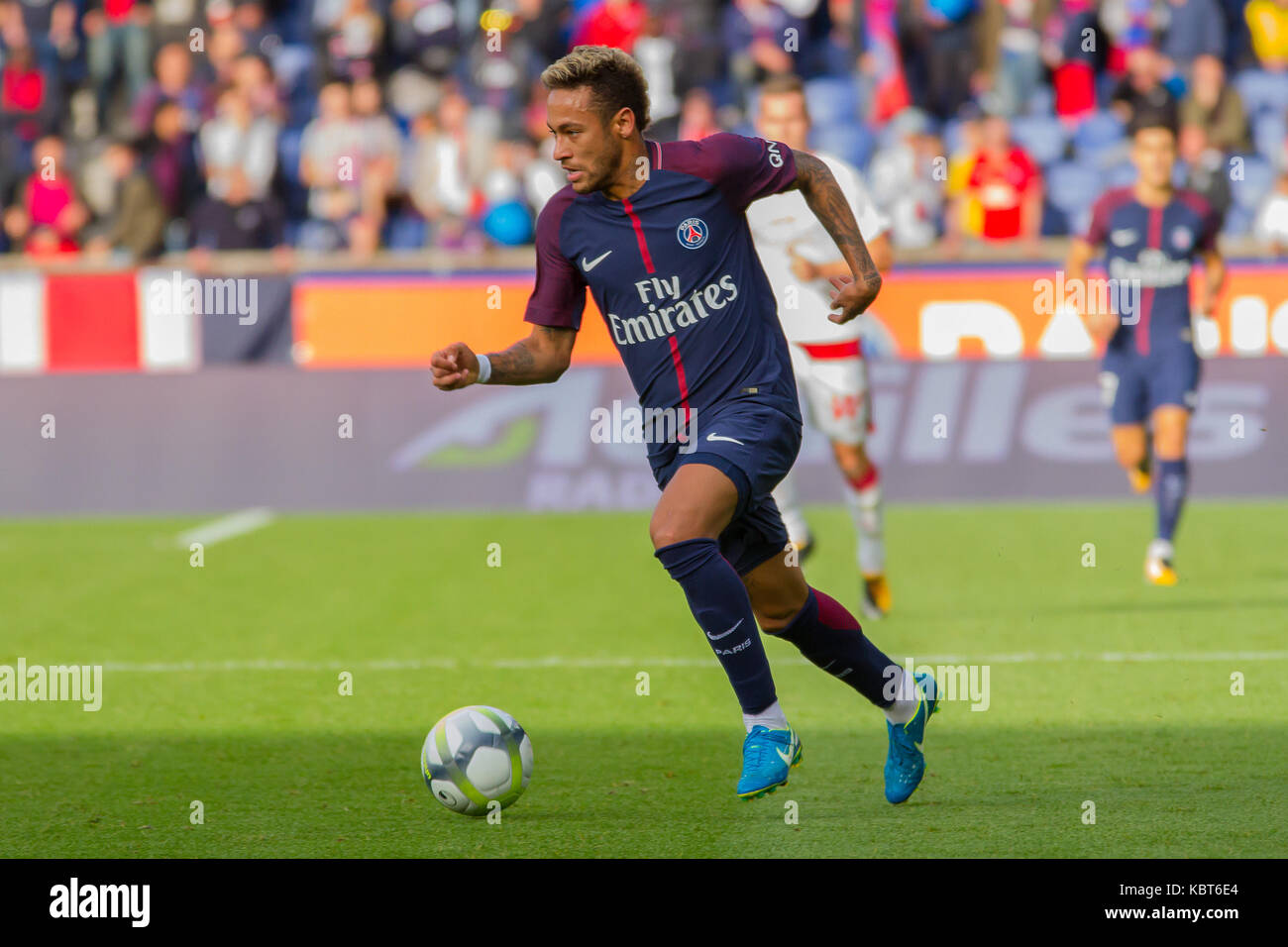 Neymar Jr. in action during the French Ligue 1 soccer match between Paris Saint Germain (PSG) and Bordeaux at Parc des Princes. The match was won 6-2 by Paris Saint Germain. Stock Photo