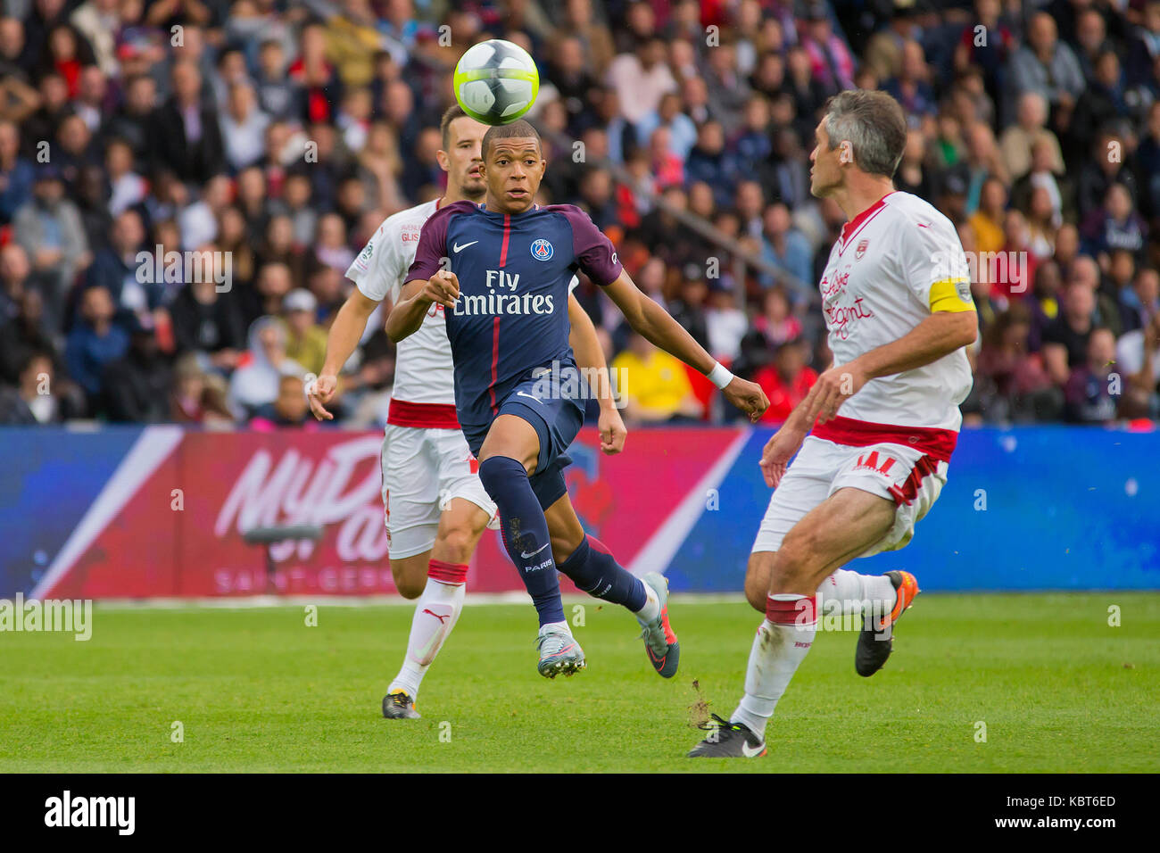 Kylian Mbappe in action during the French Ligue 1 soccer match between Paris Saint Germain (PSG) and Bordeaux at Parc des Princes. The match was won 6-2 by Paris Saint Germain. Stock Photo