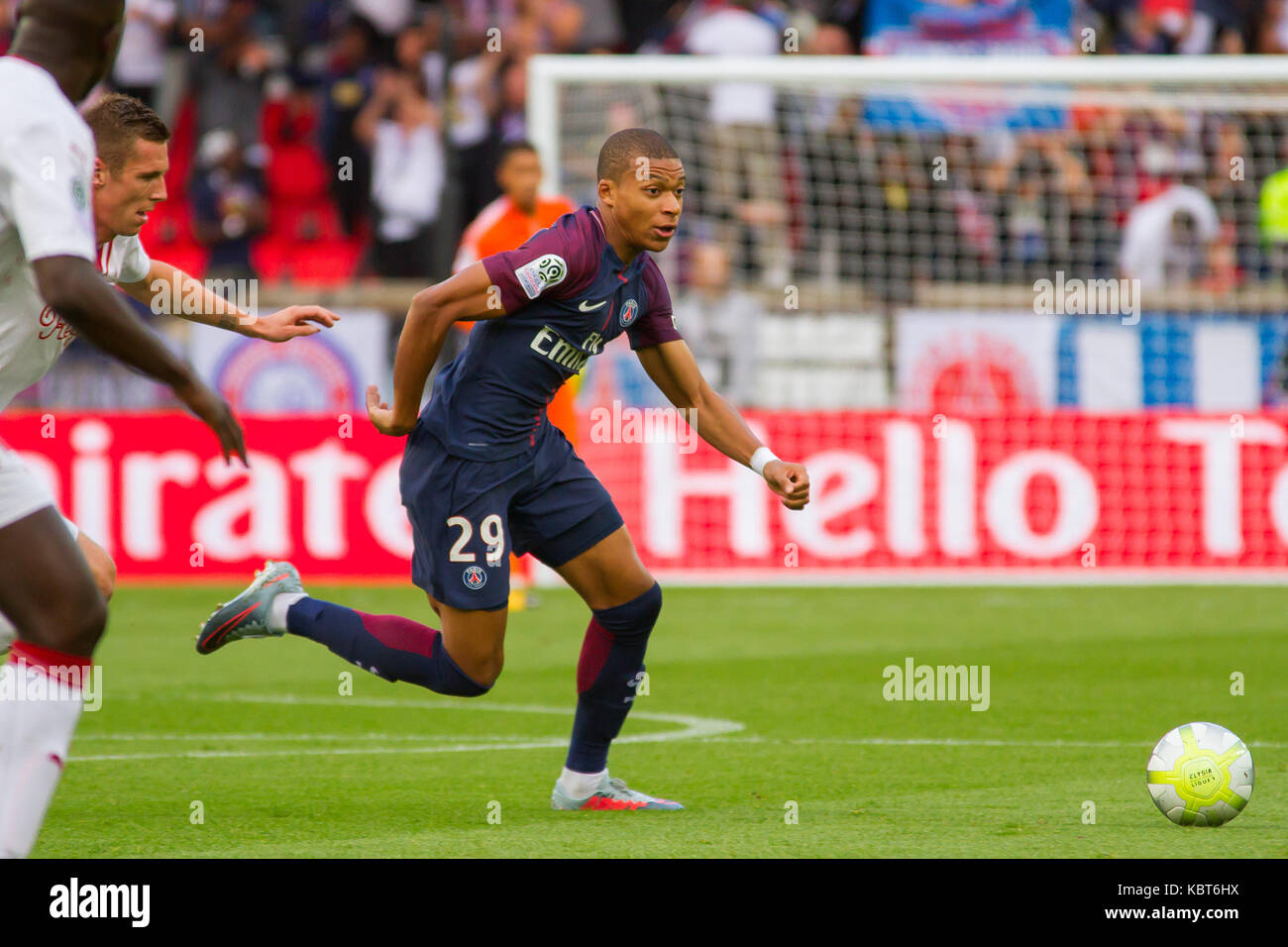 Kylian Mbappe in action during the French Ligue 1 soccer match between Paris Saint Germain (PSG) and Bordeaux at Parc des Princes. The match was won 6-2 by Paris Saint Germain. Stock Photo