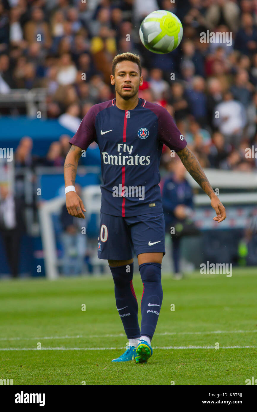 Neymar Jr. in action during the French Ligue 1 soccer match between Paris Saint Germain (PSG) and Bordeaux at Parc des Princes. The match was won 6-2 by Paris Saint Germain. Stock Photo