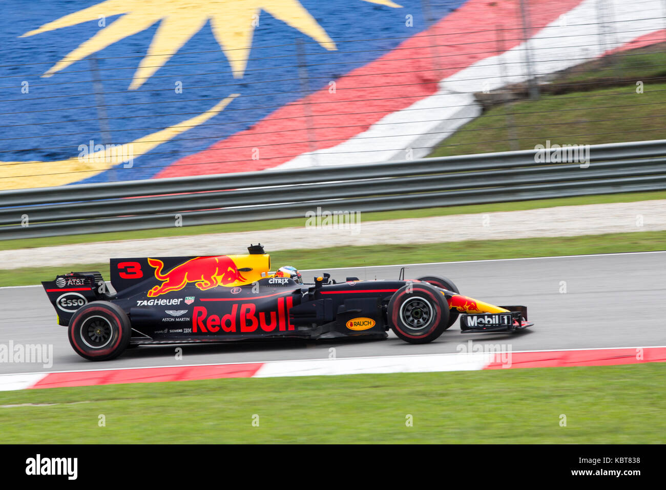 Daniel Ricciardo from RBR TAG Heuer races in the F1 Grand Prix at the Sepang F1 circuit. Ricciardo finished the race in the third position. On October 01, 2017 in Kuala Lumpur, Malaysia. Stock Photo