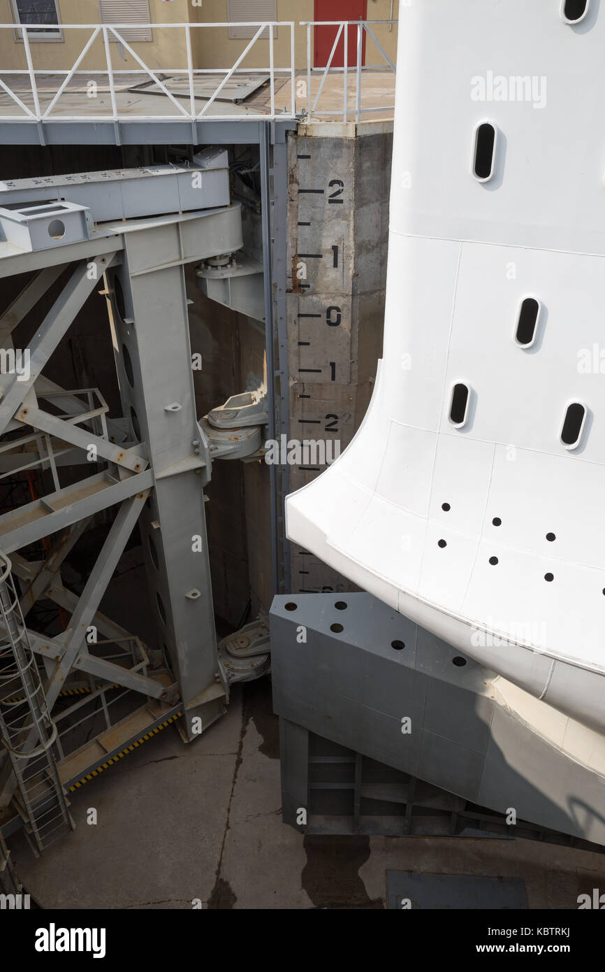 Fragment construction floating gate overlying marine fairway in the event of a threat of flooding. Saint Petersburg Flood Prevention Facility Complex Stock Photo