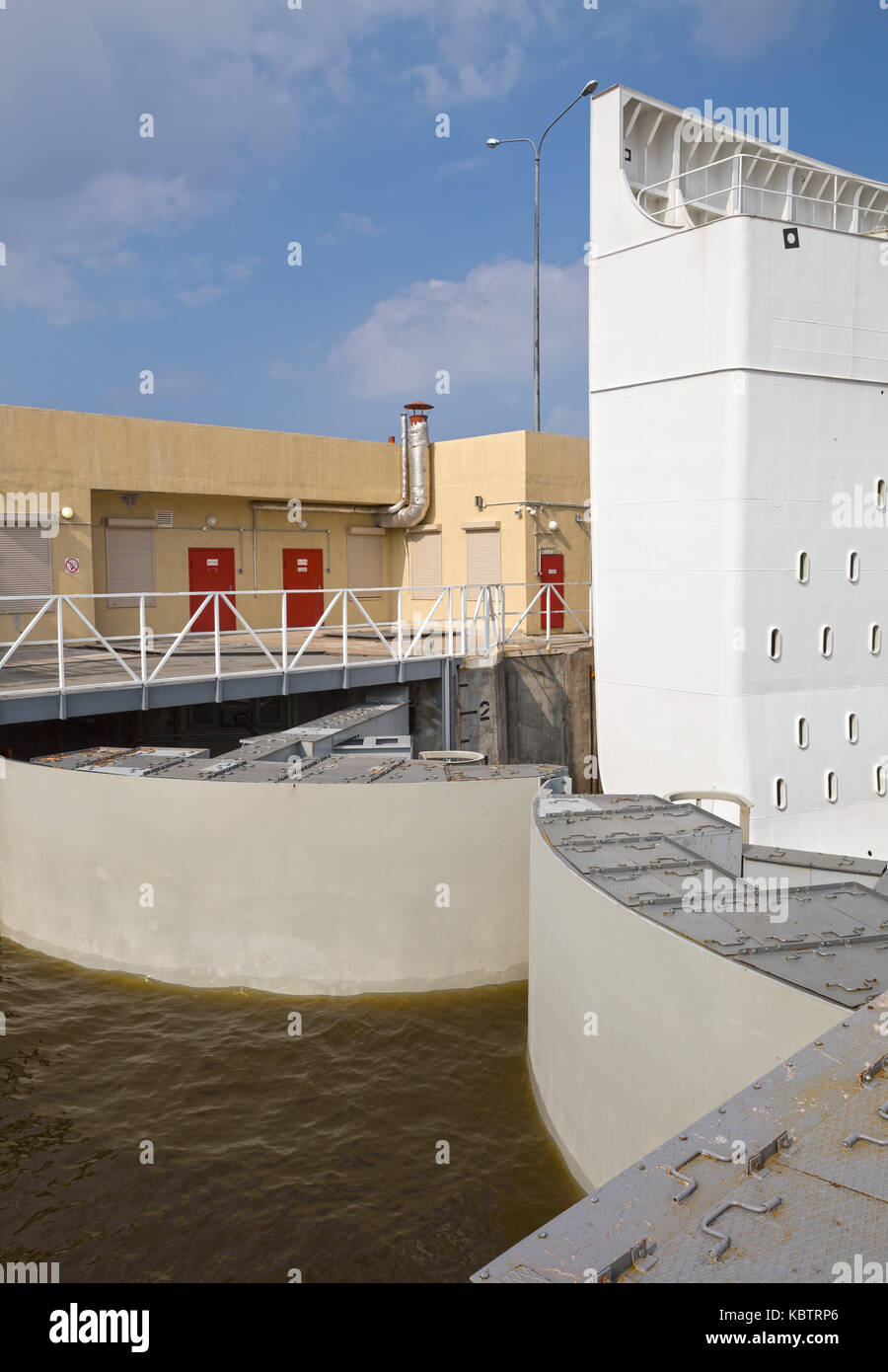 Fragment construction floating gate overlying marine fairway in the event of a threat of flooding. Saint Petersburg Flood Prevention Facility Complex Stock Photo