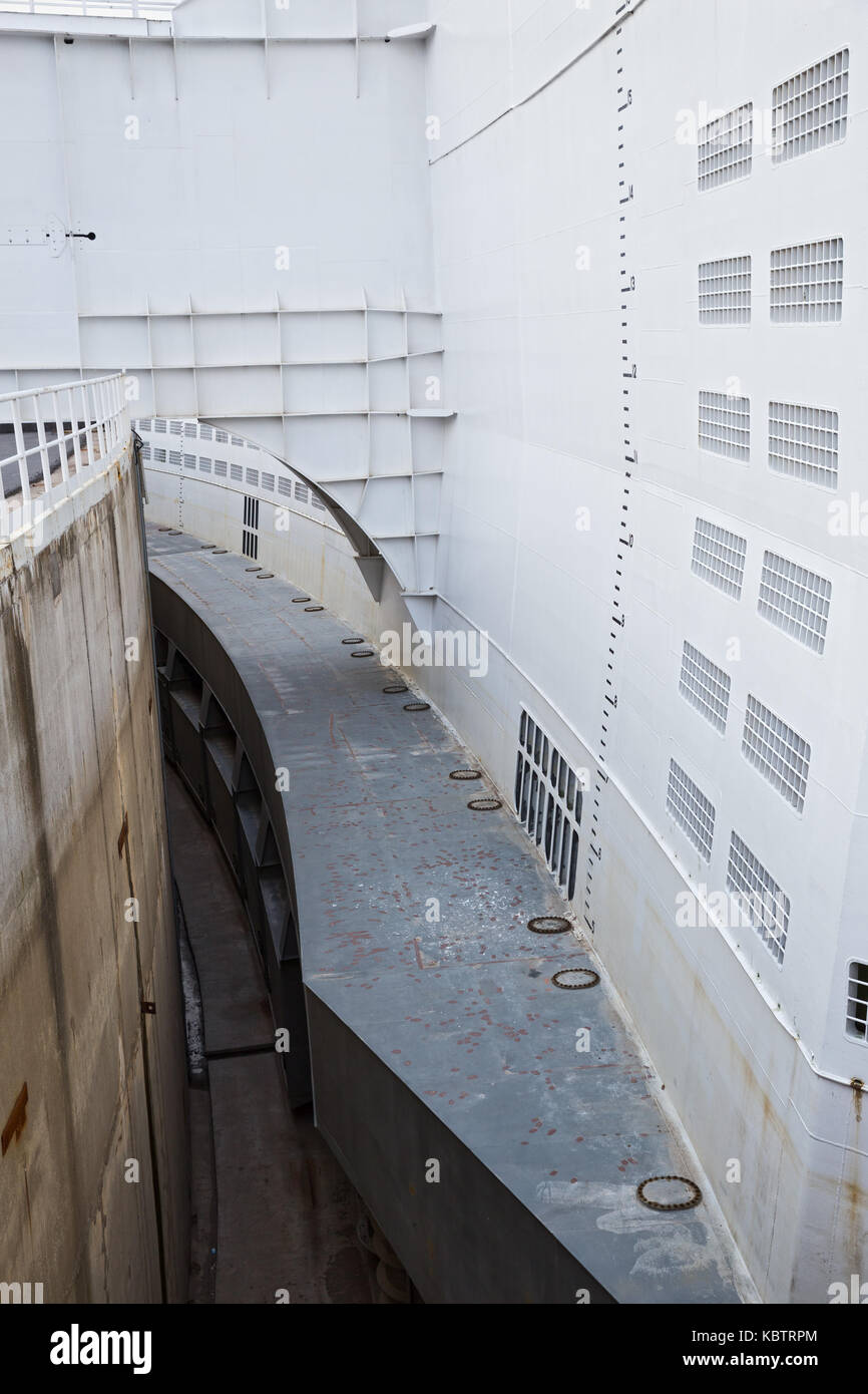 Fragment construction floating gate overlying marine fairway in the event of a threat of flooding. Saint Petersburg Flood Prevention Facility Complex Stock Photo