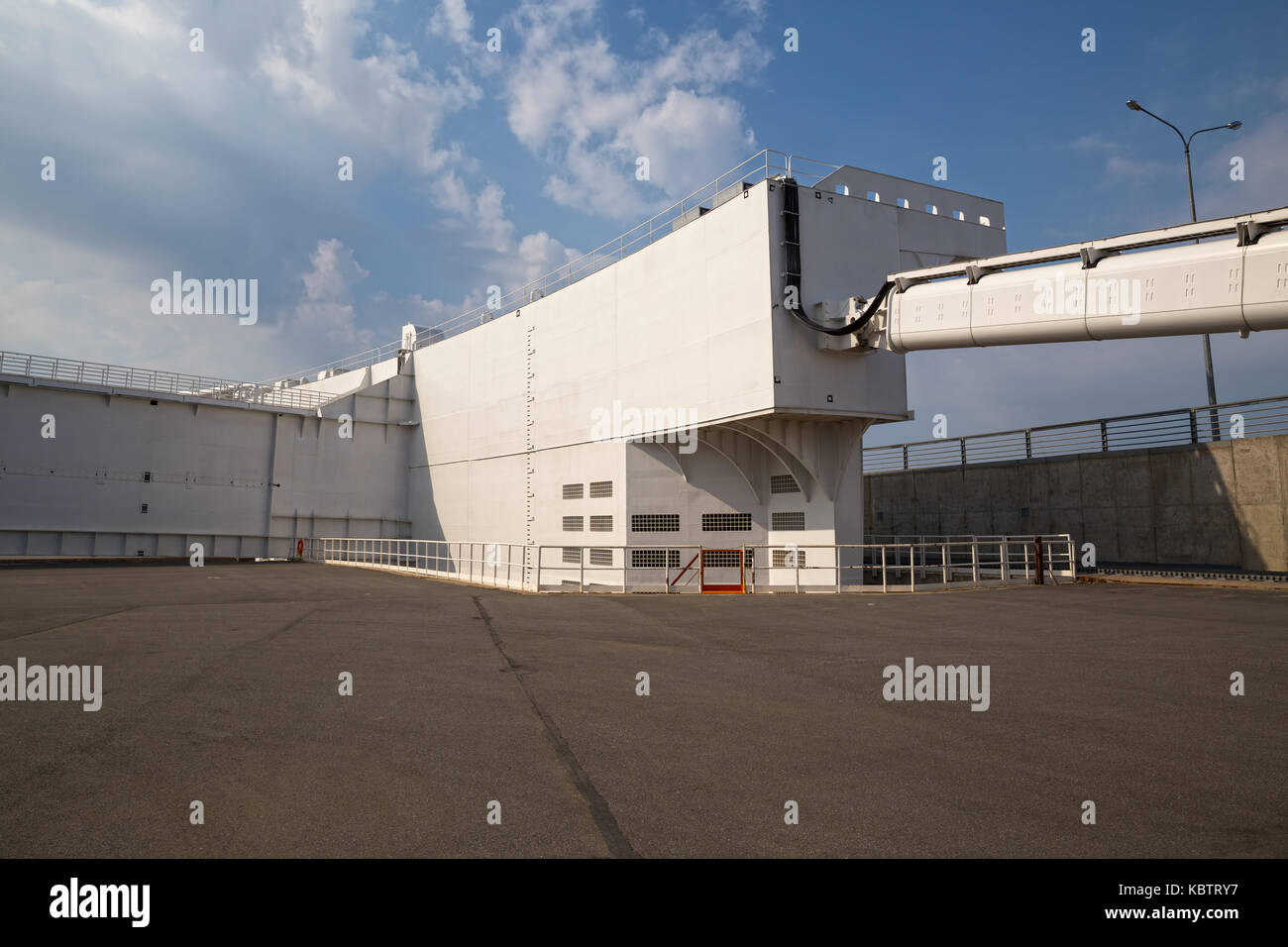 Fragment construction floating gate overlying marine fairway in the event of a threat of flooding. Saint Petersburg Flood Prevention Facility Complex Stock Photo