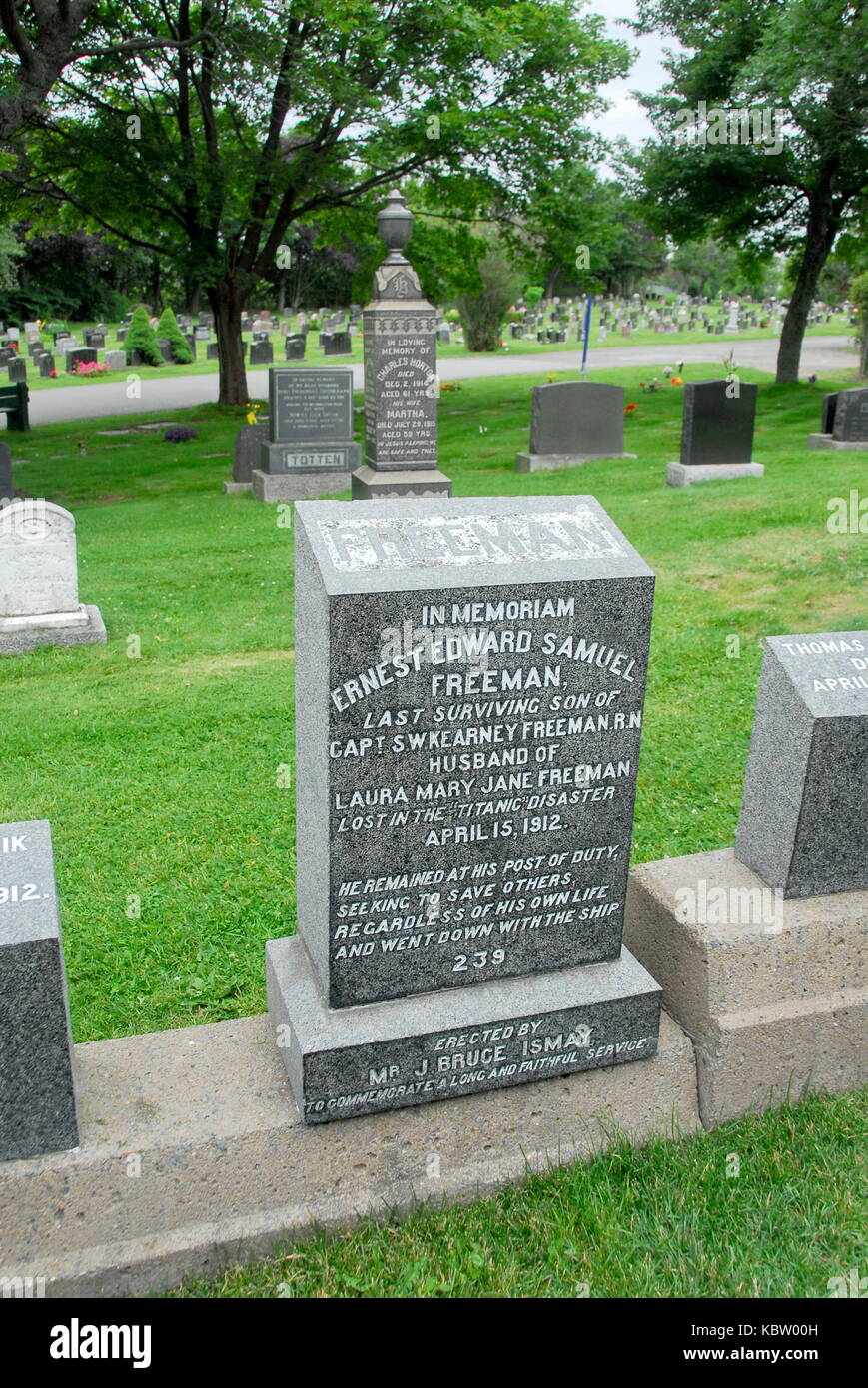 Tombstones at the RMS Titanic Grave Site in Fairview Lawn Cemetery in Halifax, Nova Scotia, Canada Stock Photo