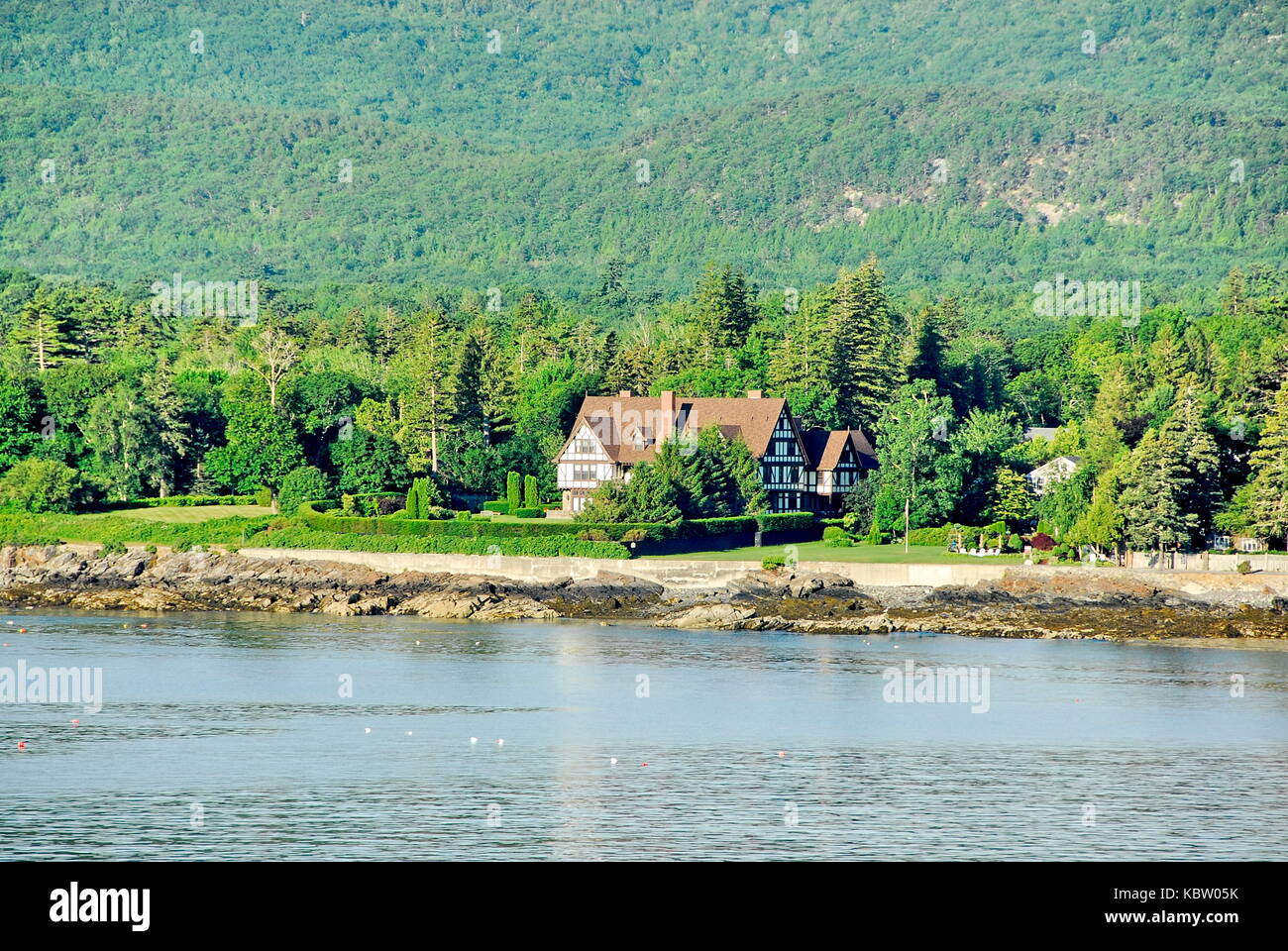Mansions as seen from Frenchman's Bay in Bar Harbor, Maine Stock Photo