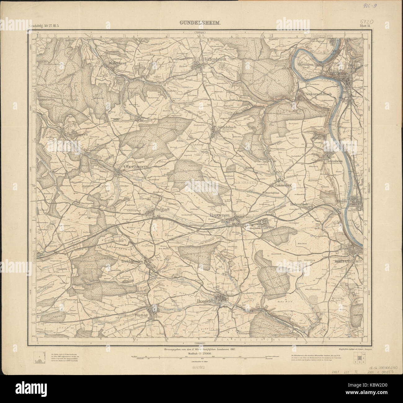 Topographische Karte 1 25000 Blatt 14 (6720) Gundelsheim 1902 Stock Photo