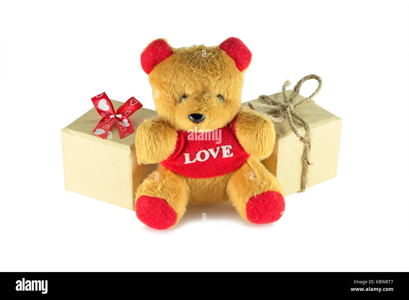 Teddy bear with gift box that isolated on white background with copy ...