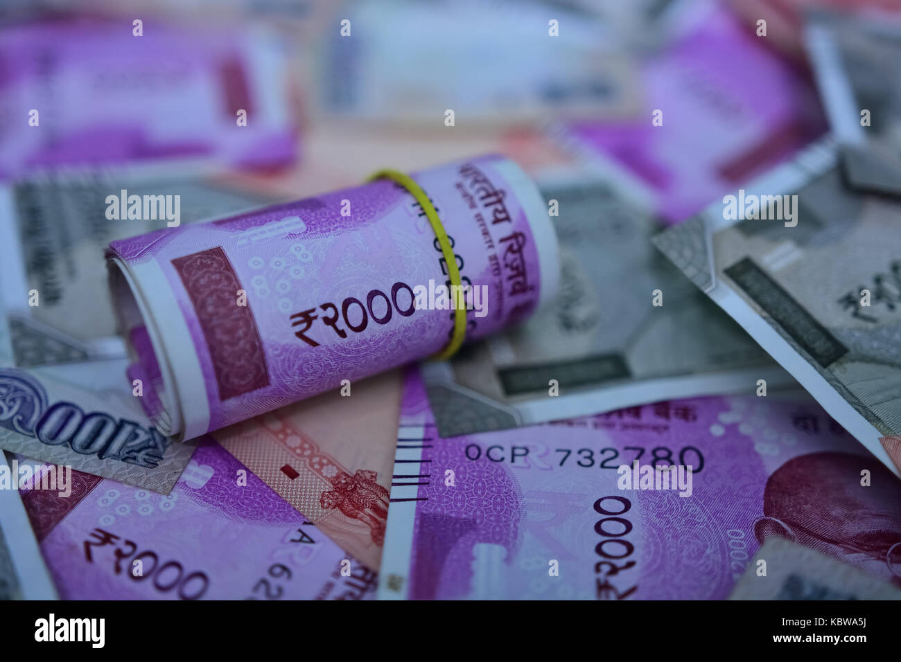 Indian paper currency 2000 note are roll up Stock Photo