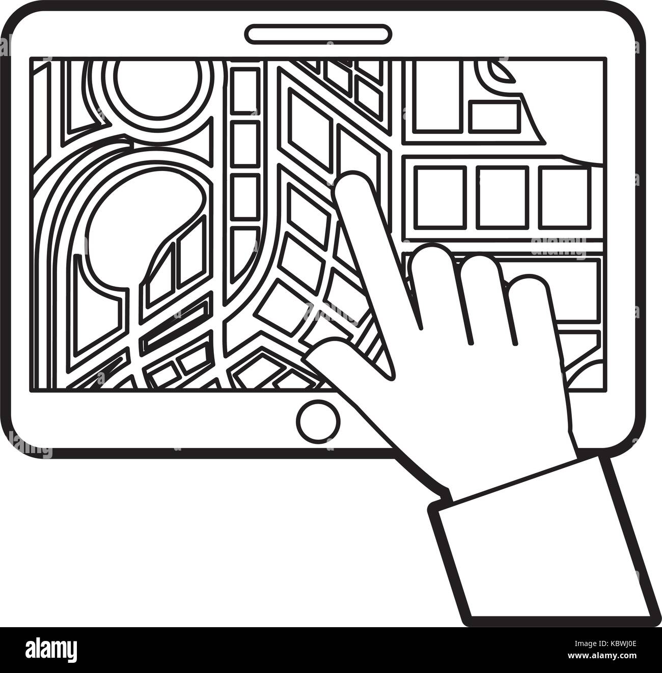 hand touching tablet pc with street map pointer mobile gps navigation ...