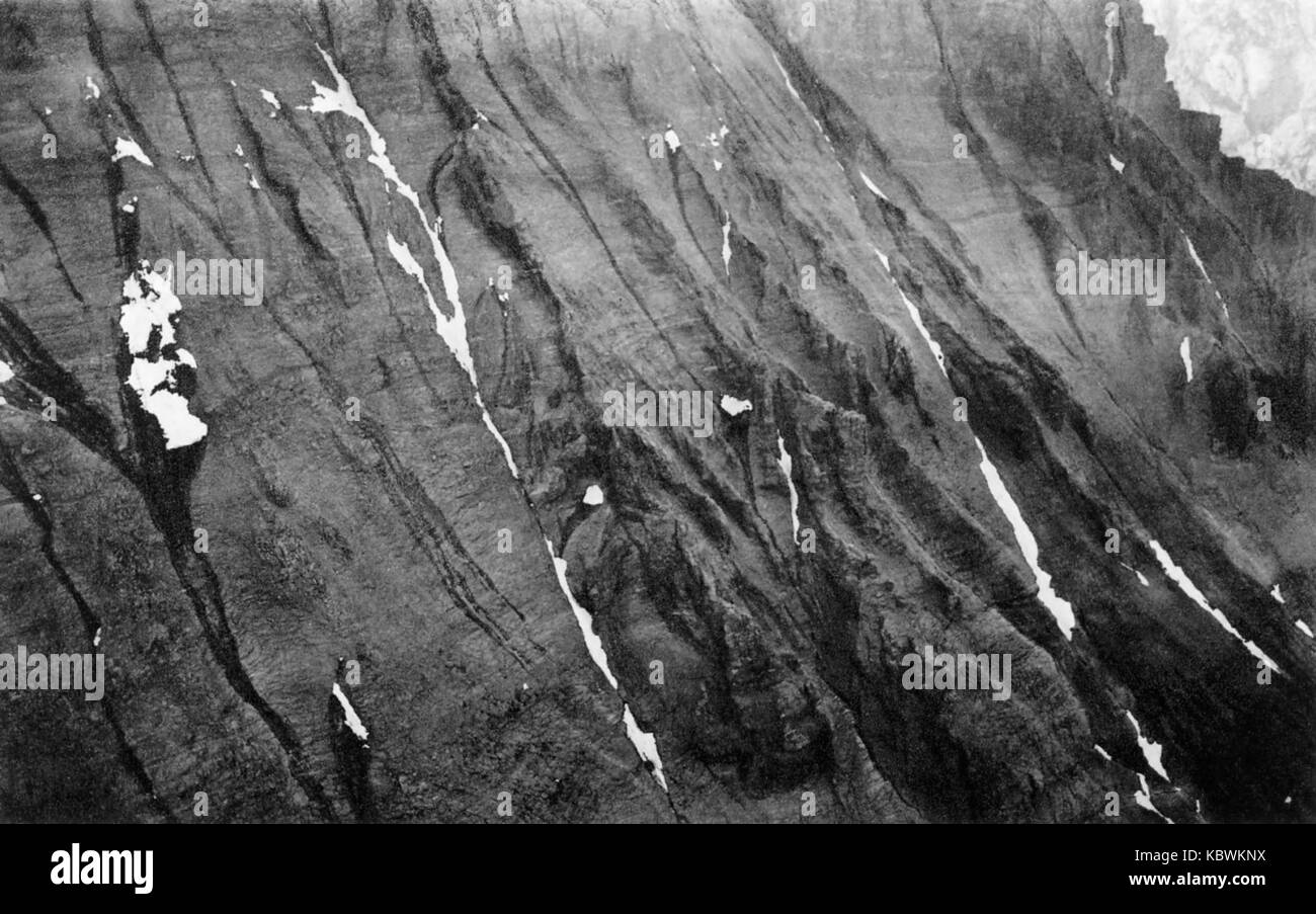 This photograph shows the Balmhorn peak, captured by the Swiss aerial photographer Spelterini. Balmhorn is part of the Bernese Alps in Switzerland and is known for its majestic alpine views. Stock Photo