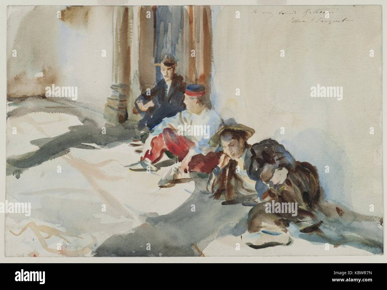 This image depicts a painting by John Singer Sargent titled 'Spanish Soldiers', displayed at the Brooklyn Museum. The artwork likely represents military figures from Spain, offering insight into their historical and cultural significance. Stock Photo