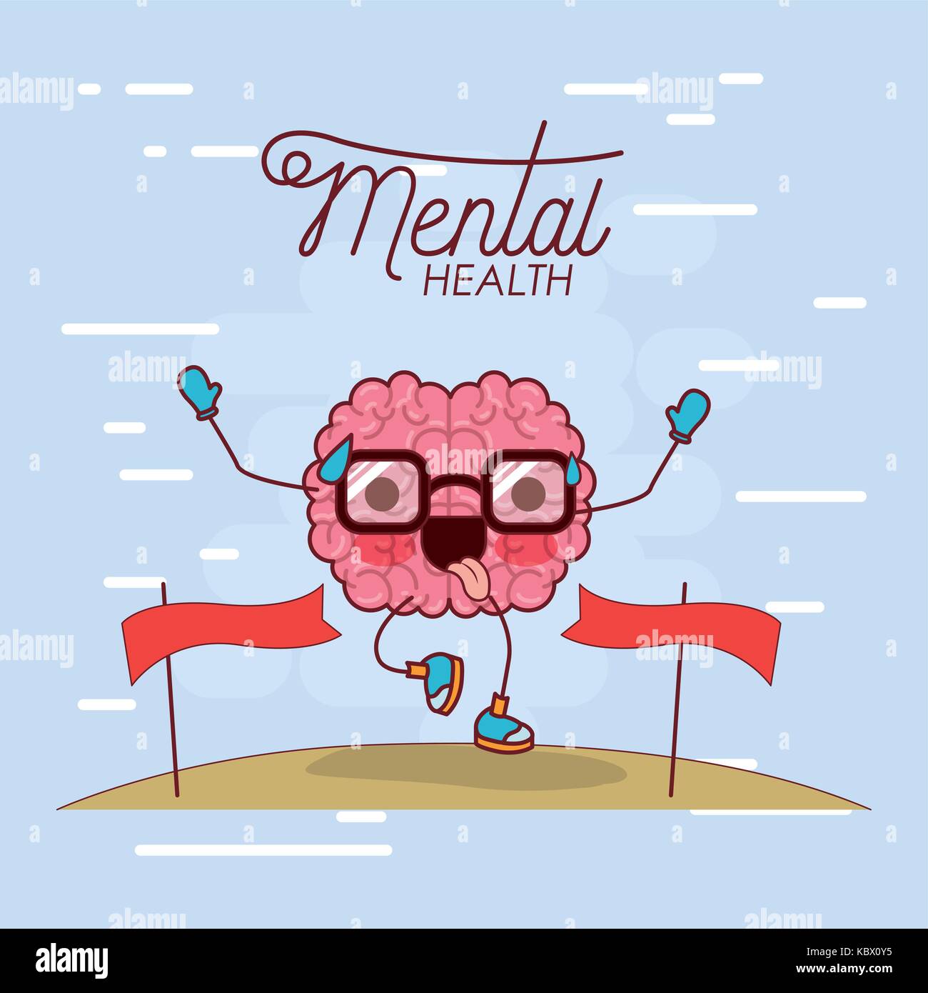 mental health poster of brain cartoon with glasses running and pass ...