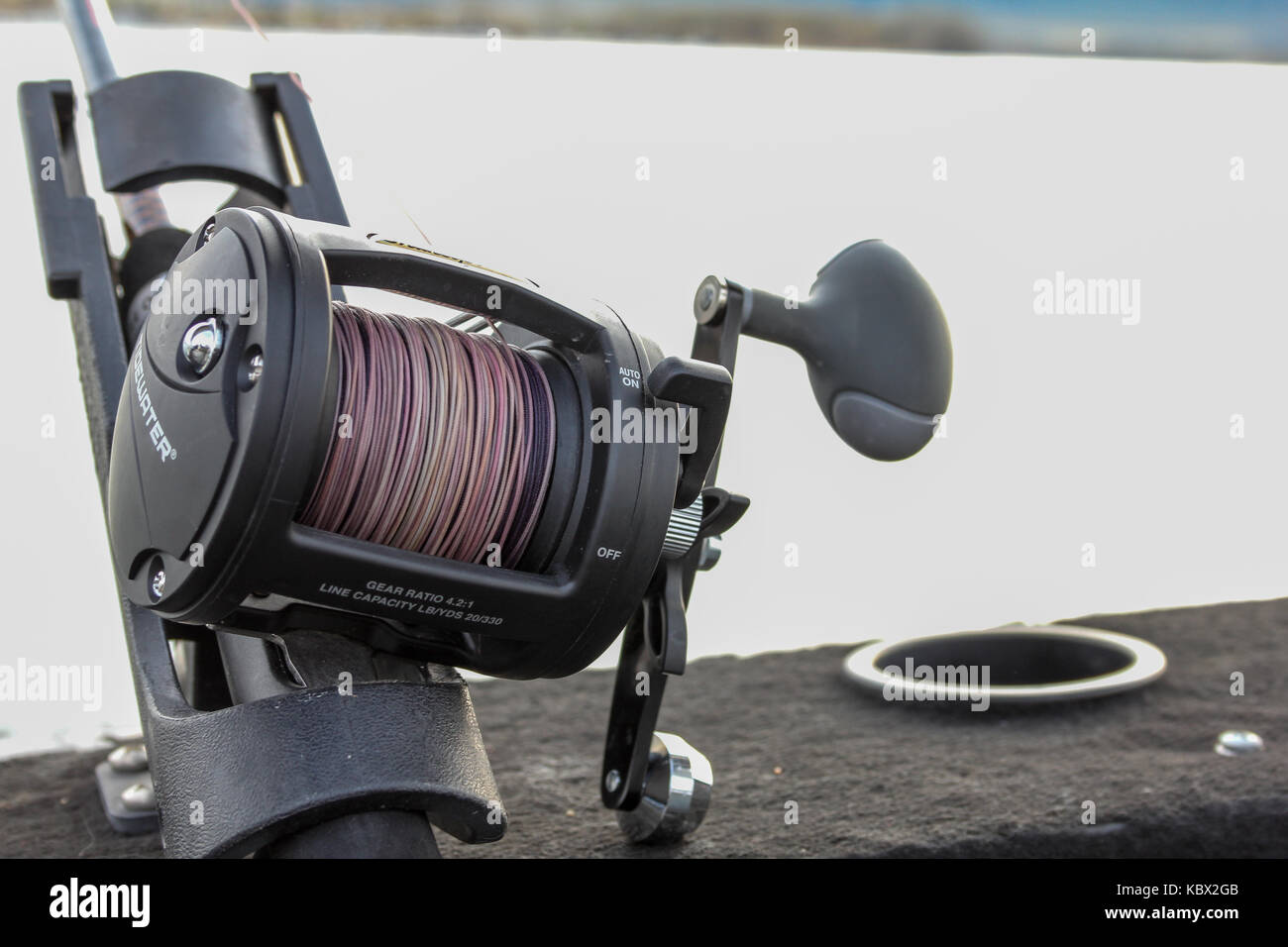Close up of a fishing rod and reel with lead core fishing line
