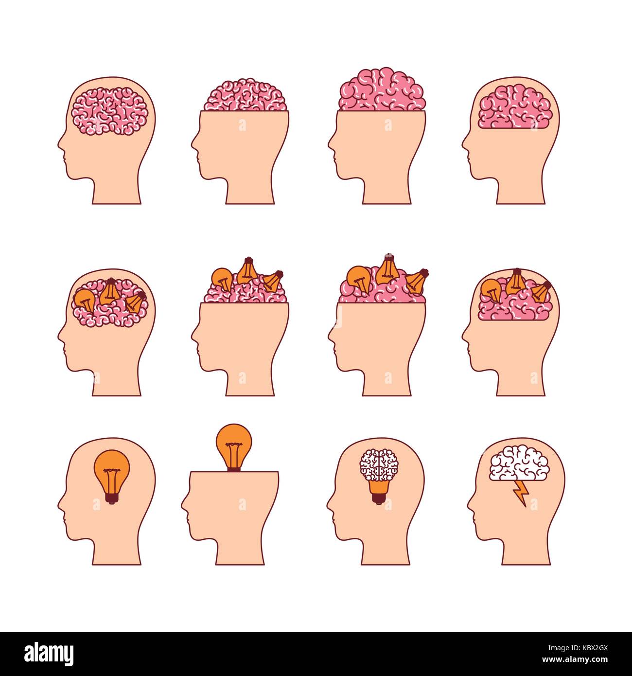 set of heads with brains in white background Stock Vector Image & Art