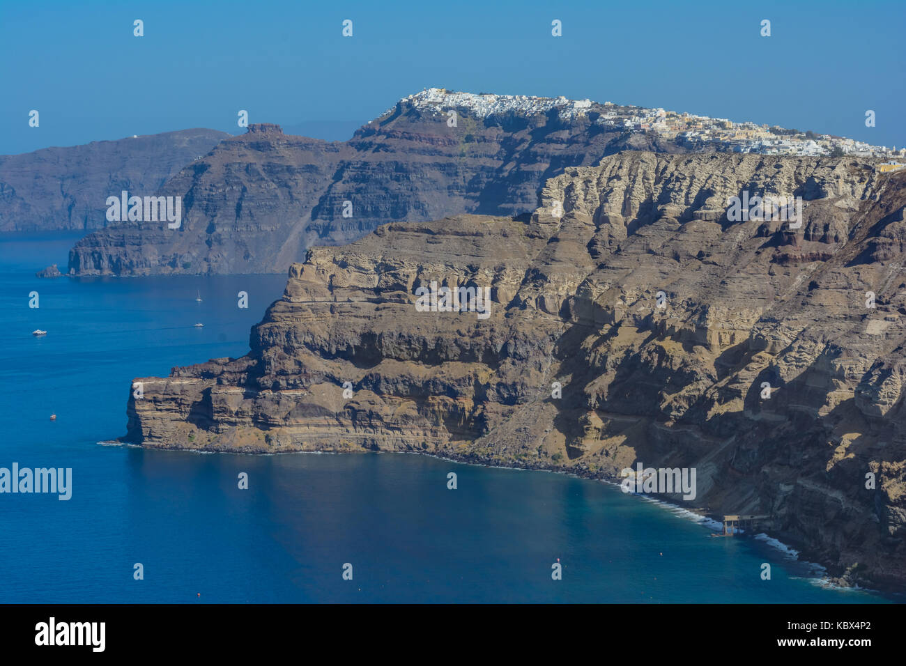 Panoramic overview of Santorini, Thira, Greece, over the Caldera, Aegean sea. Stock Photo