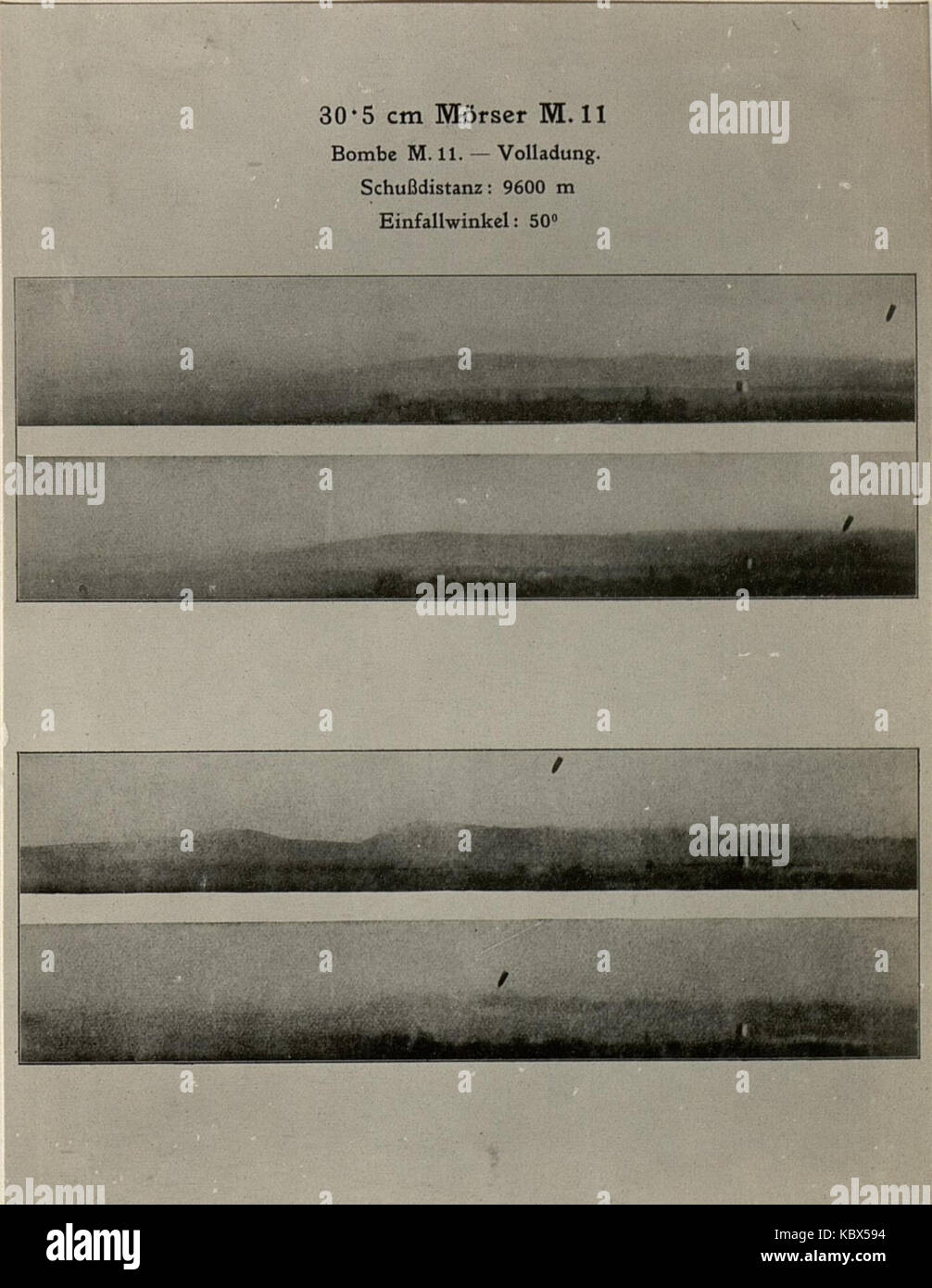 Kinematographische Aufnahme einer 30.5 cm Granate im Fluge zum Beweise der richtigen Stellung der Geschossachse zur Flugbahn. Aufgenommen am 27.3.1916. (BildID 15470195) Stock Photo