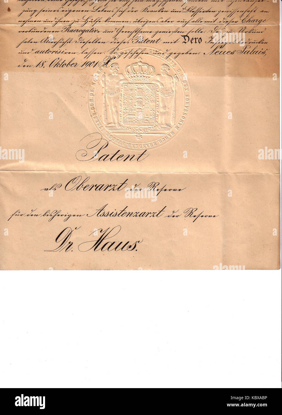 Patent Oberarzt der Reserve Dr. Rudolf Haus 18. Oktober 1901 zweiter Teil des Dokuments Stock Photo