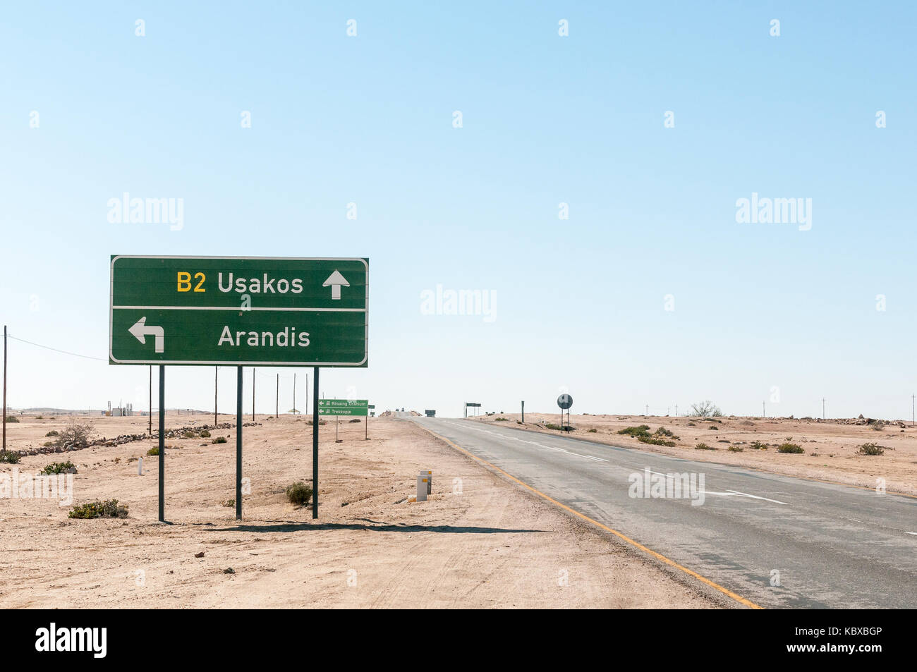 ARANDIS, NAMIBIA - JULY 3, 2017: The turn-off to Arandis and the Rossing Uranium Mine from the B2-road between Swakopmund and Usakos in the Namib Dese Stock Photo