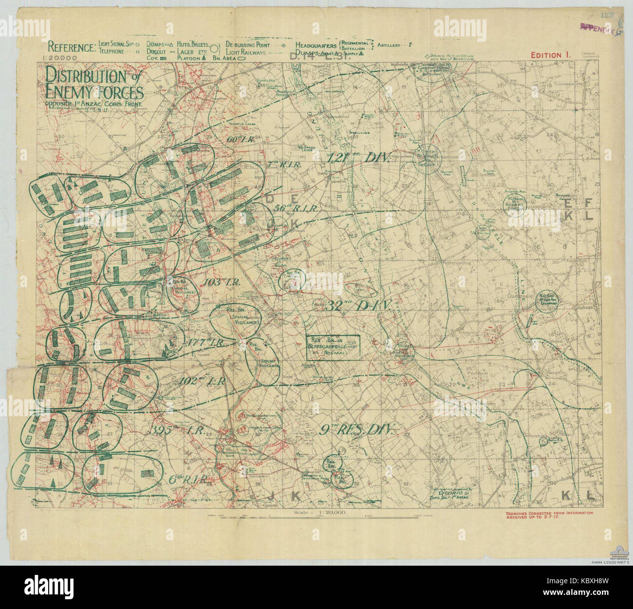 German troop disposition opposite 1 ANZAC Corps on 1 Sept 1917 Stock Photo