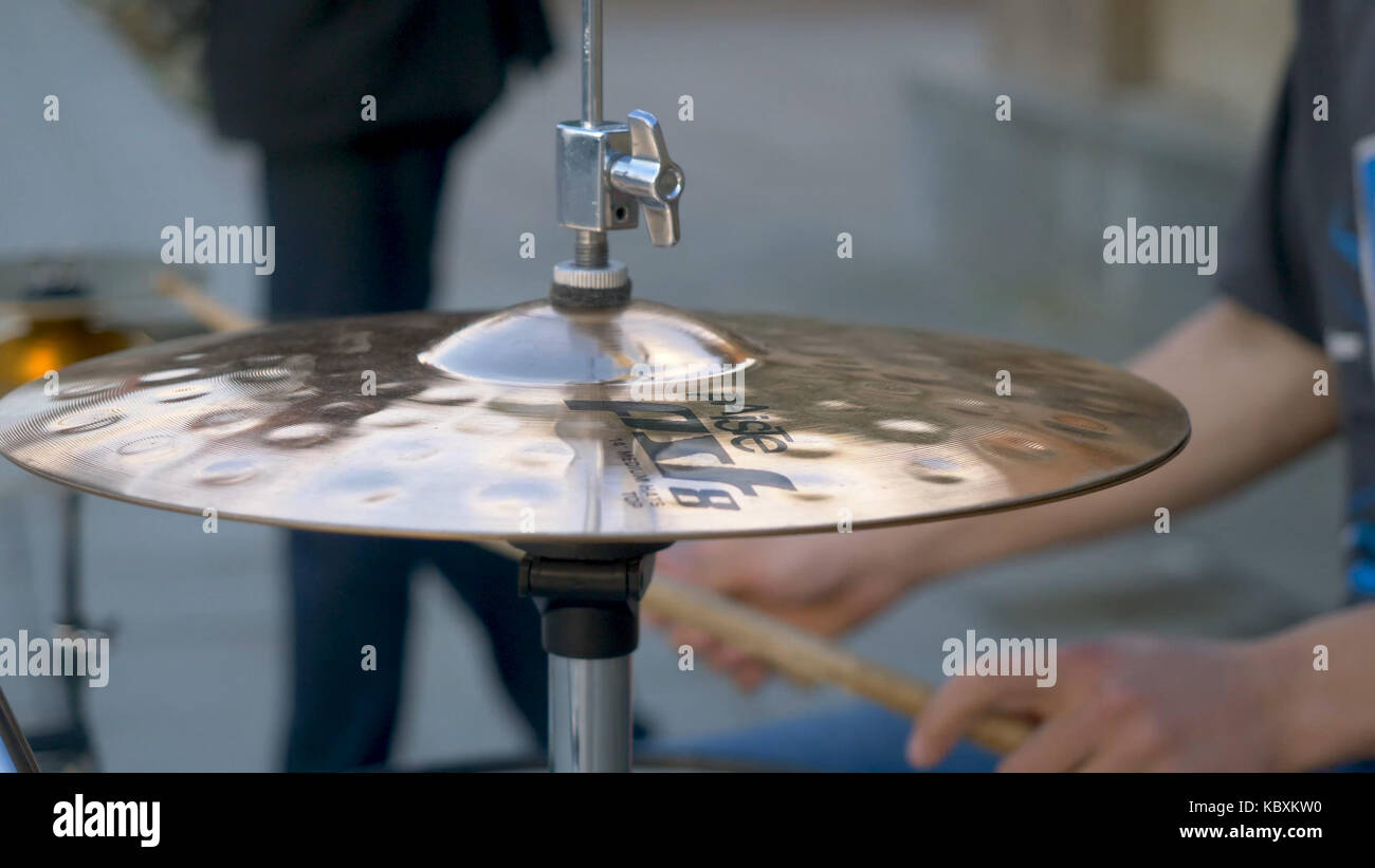 The drummer in action. A photo close up process play on a musical