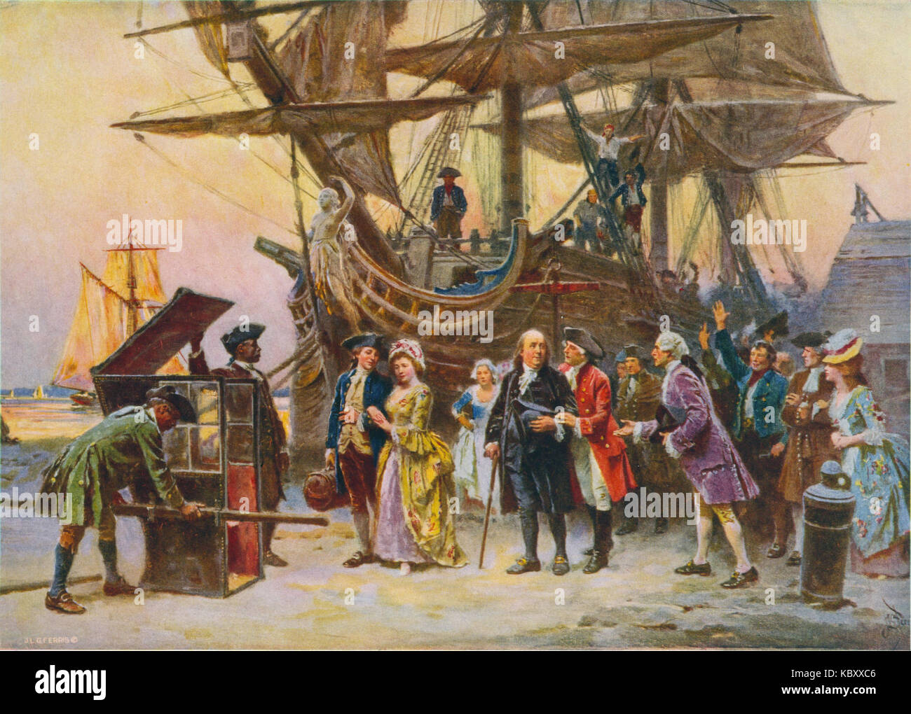 This engraving illustrates Benjamin Franklin's return to Philadelphia in 1785 after serving as the U.S. Minister to France. It captures a key moment in American history as Franklin was a central figure in the founding of the United States. Stock Photo