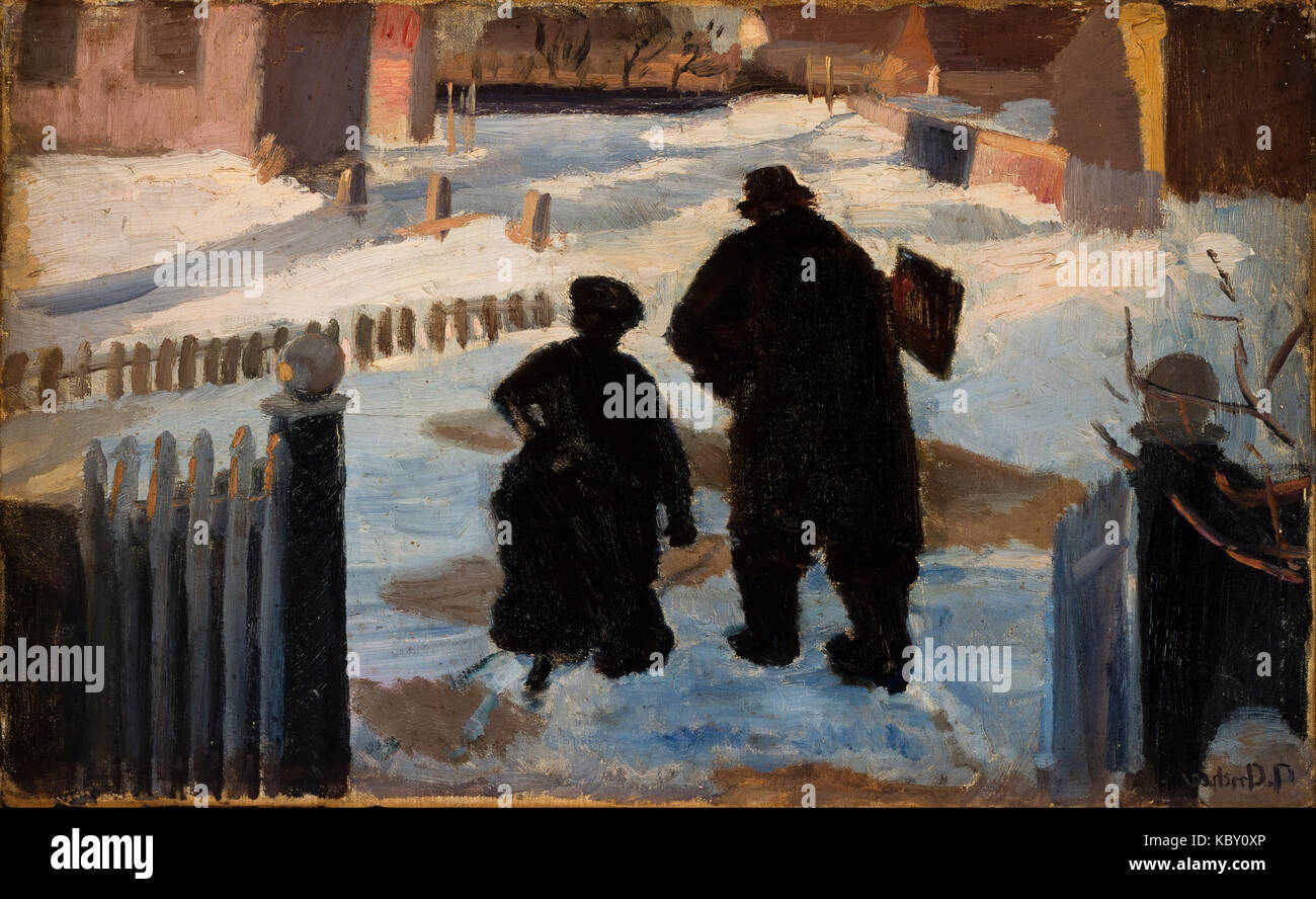 This painting by Anna Ancher depicts her husband, Michael Ancher, on his way to his studio with Helene Christensen, a prominent organist. The scene highlights the quiet moments of daily life, offering a glimpse into the personal and artistic lives of the Anchers. Stock Photo