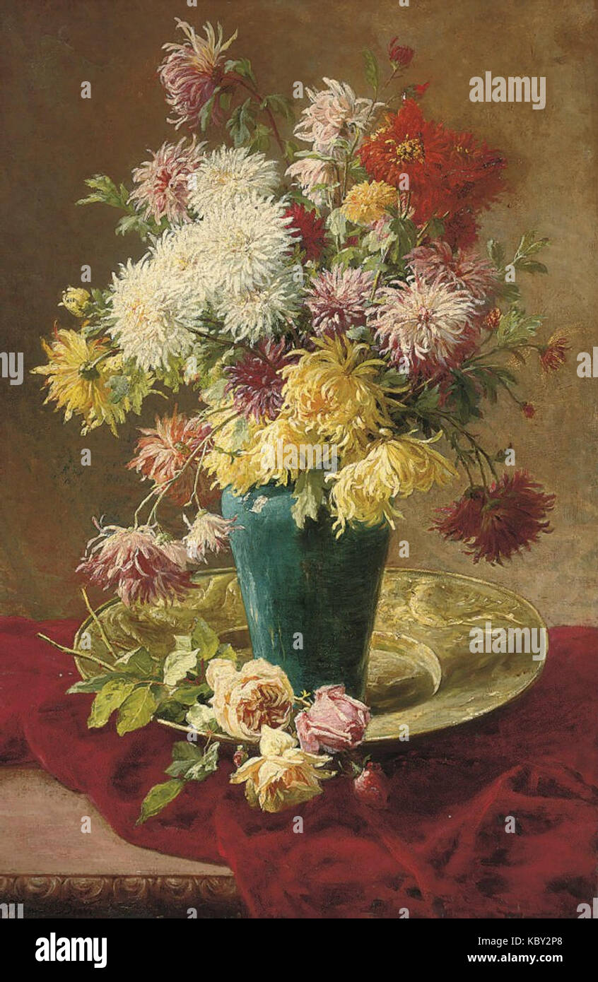 Henri Biva, Chrysanthemums and roses in a vase on a salver, oil on canvas,  122 x 77.8 cm Stock Photo - Alamy