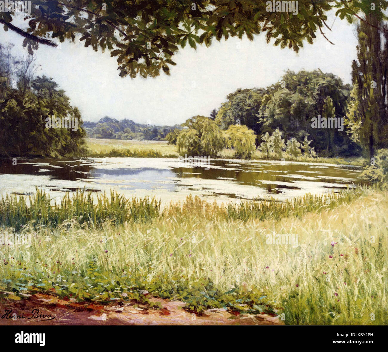 Henri Biva, A river scene in France, oil on canvas, 45.7 x 55.2 cm Stock Photo