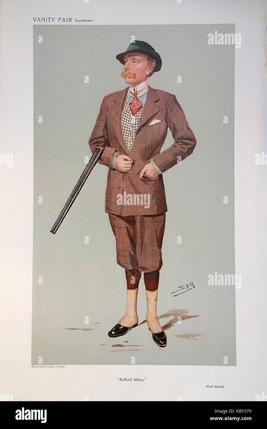 This caricature of John Lumley Savile, published in *Vanity Fair* on April 15, 1908, presents a satirical portrayal of the British aristocrat, reflecting the early 20th-century style of social commentary in popular media. Stock Photo