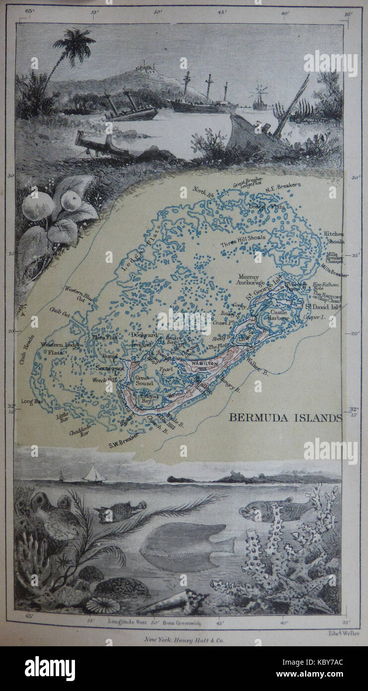 1885 Map of Bermuda and its reefs by Anna Brassey Stock Photo