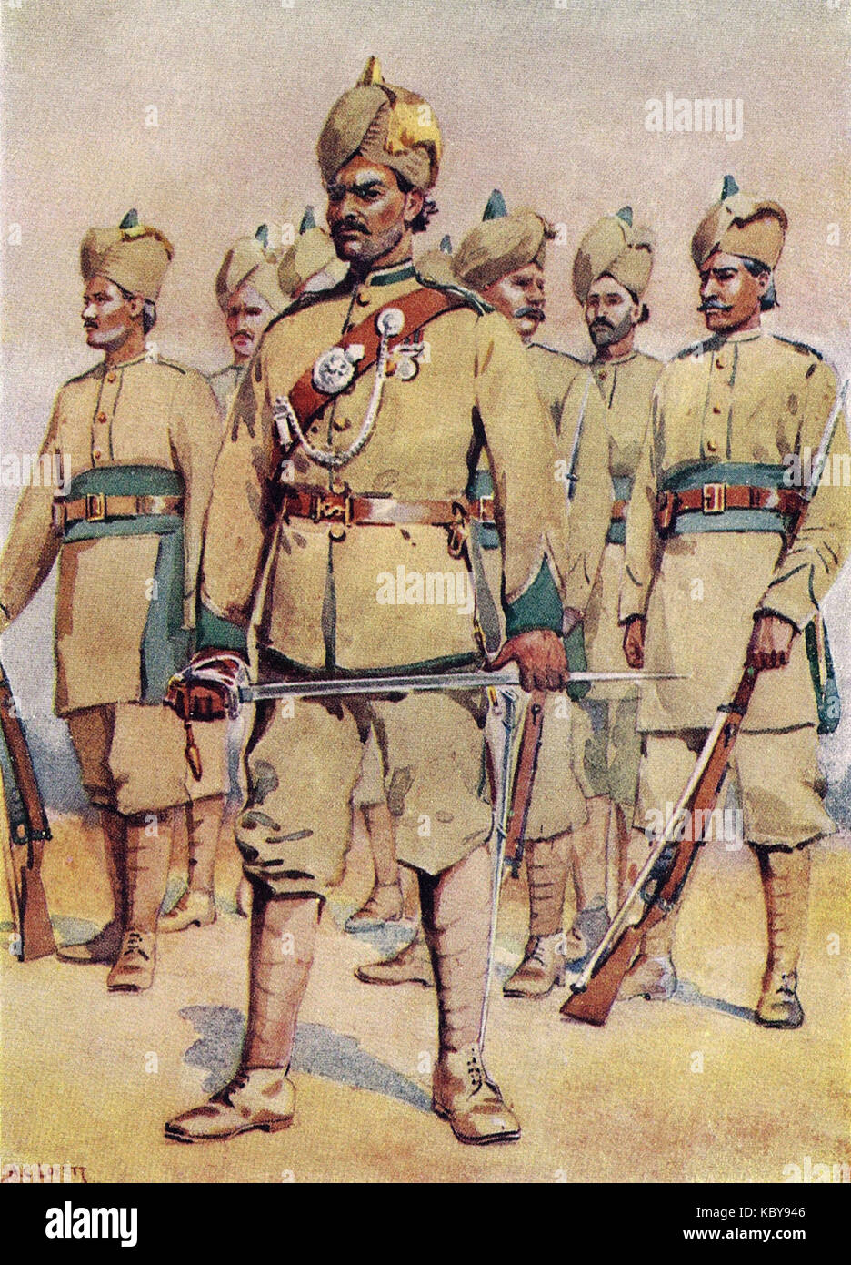 The 33rd Punjabi Army, led by a Punjabi Subadar, in an image by A.C. Lovett, a British photographer. Stock Photo