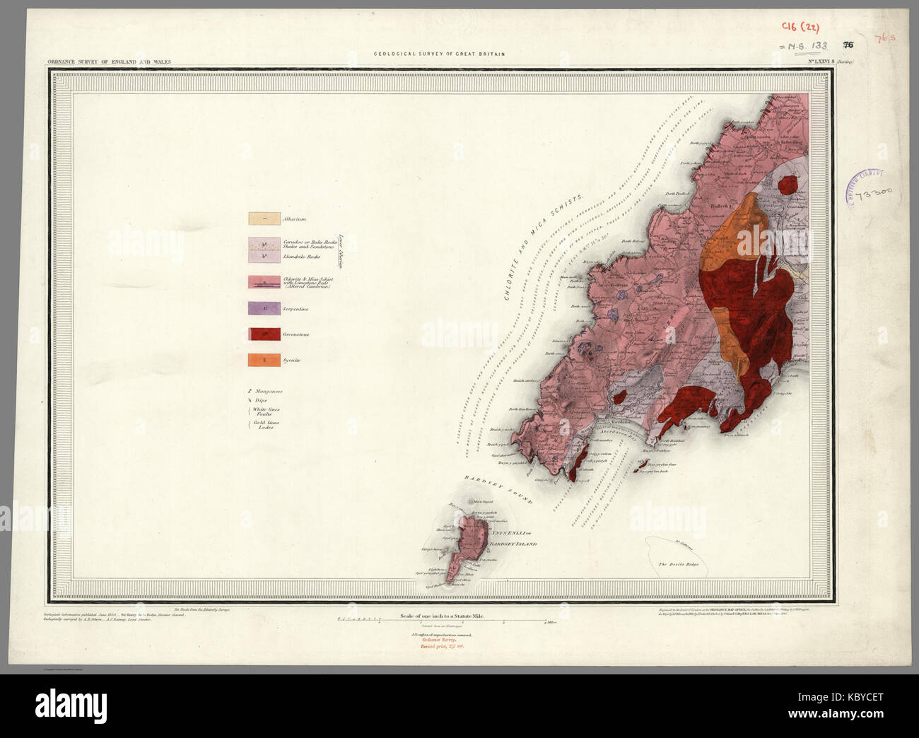 Llyn Peninsula and Bardsey Island Geological map 1850 Stock Photo - Alamy