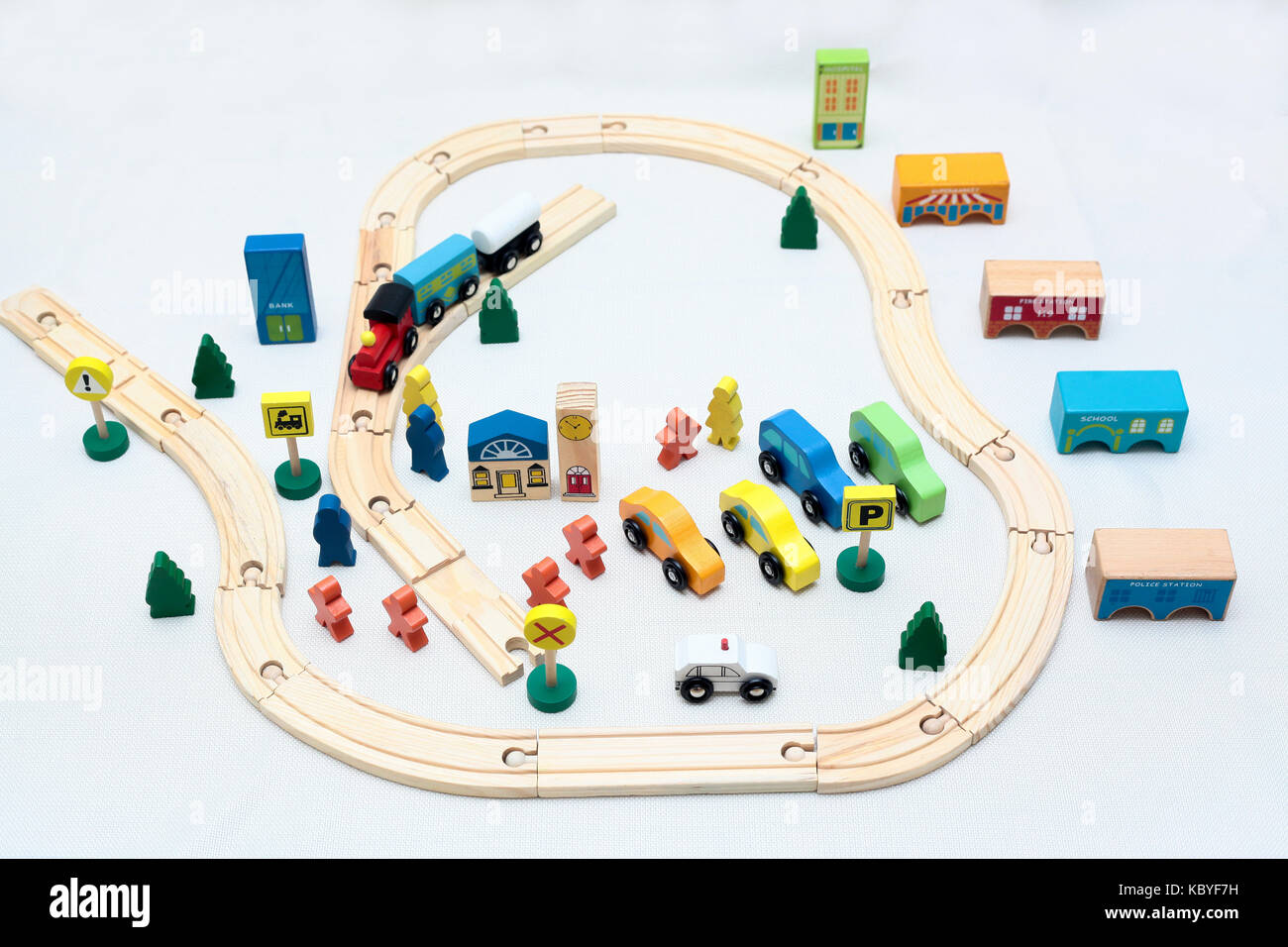 wooden toy city in white background Stock Photo